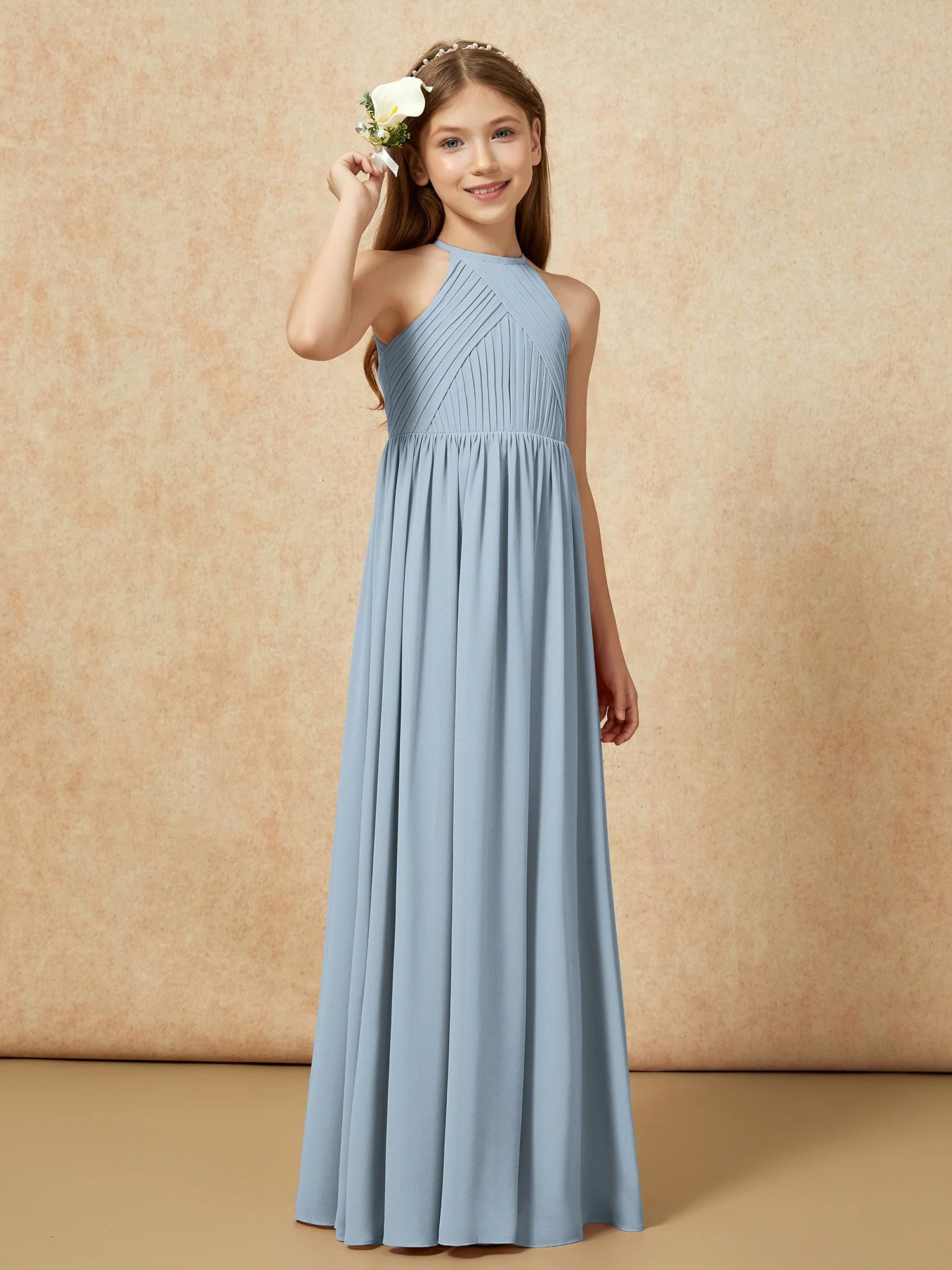 Halshalter Plissee Lang Chiffon Junge Brautjungfernkleider Staubiges Blau - Image 4
