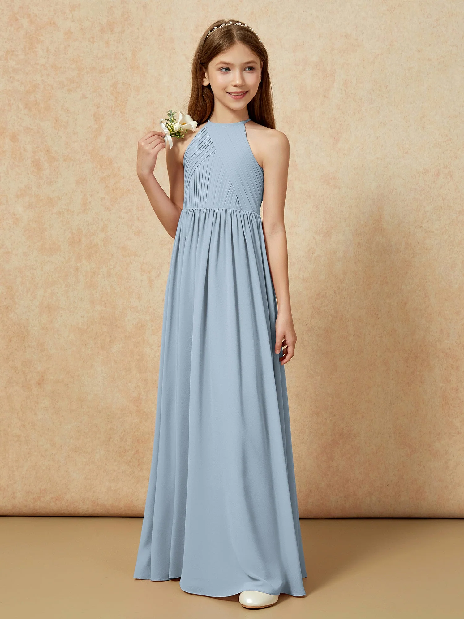 Halshalter Plissee Lang Chiffon Junge Brautjungfernkleider Staubiges Blau - Image 5