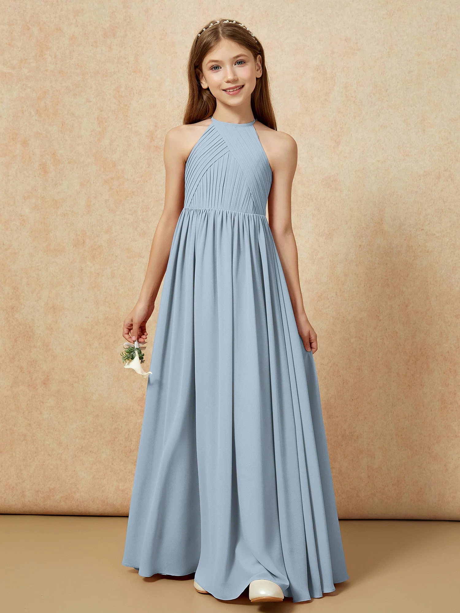 Halshalter Plissee Lang Chiffon Junge Brautjungfernkleider Staubiges Blau - Image 6