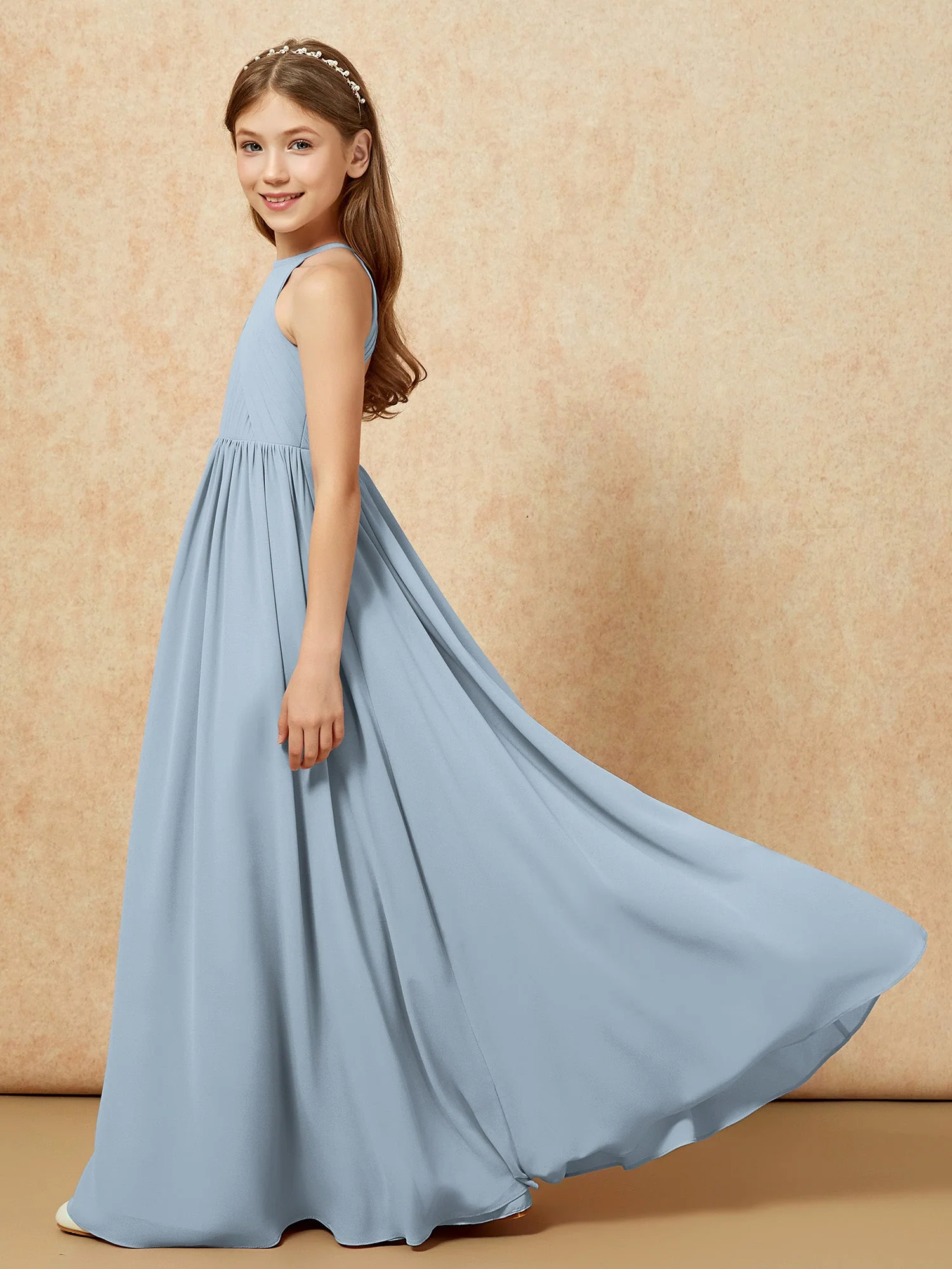 Halshalter Plissee Lang Chiffon Junge Brautjungfernkleider Staubiges Blau - Image 7
