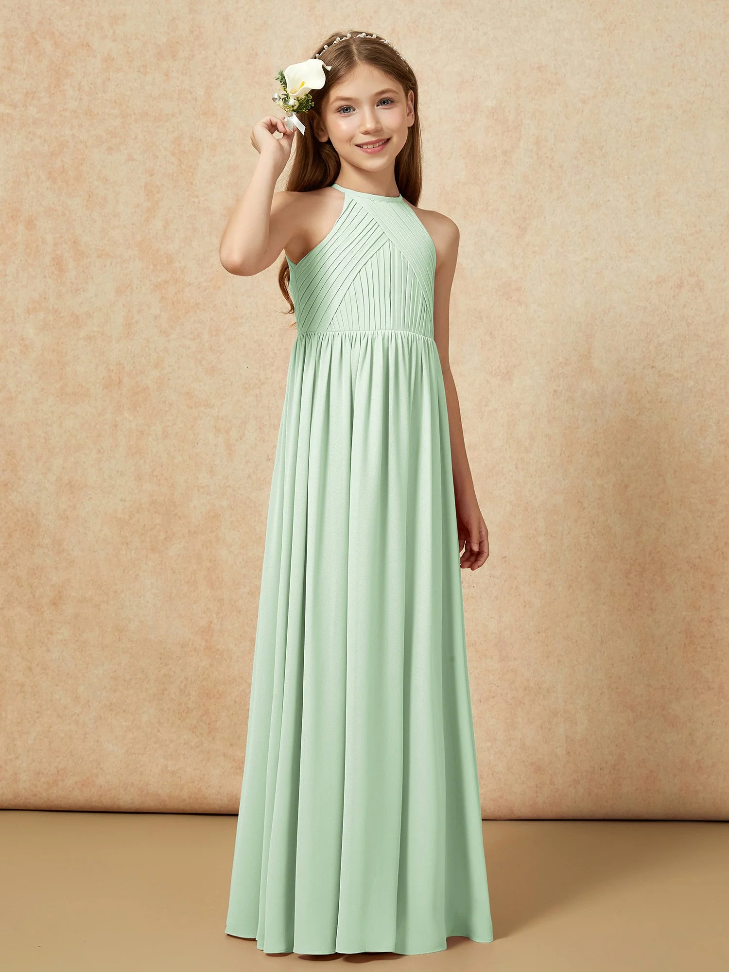Halshalter Plissee Lang Chiffon Junge Brautjungfernkleider Staubiges Salbei - Image 4