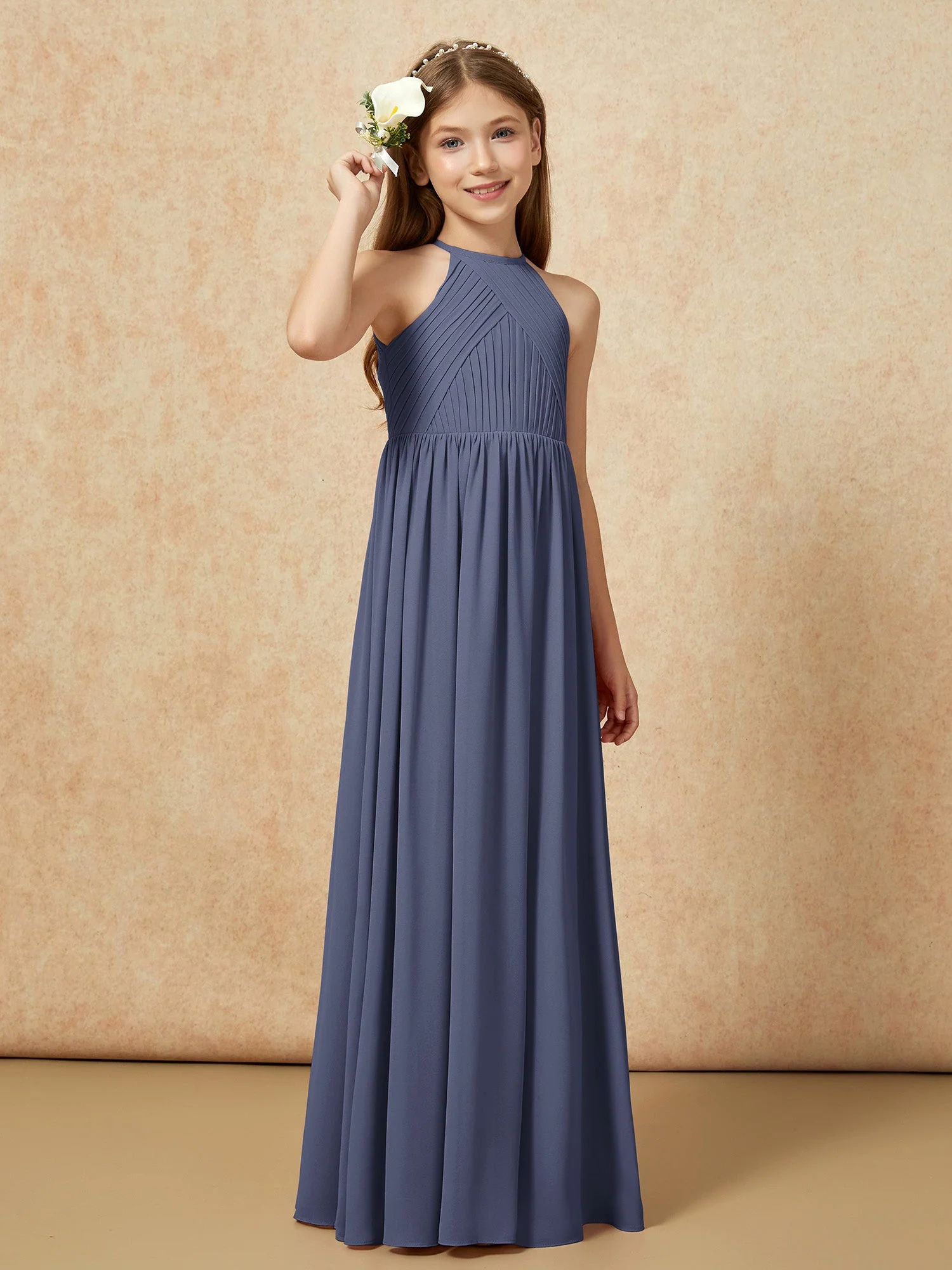 Halshalter Plissee Lang Chiffon Junge Brautjungfernkleider Sturm - Image 4