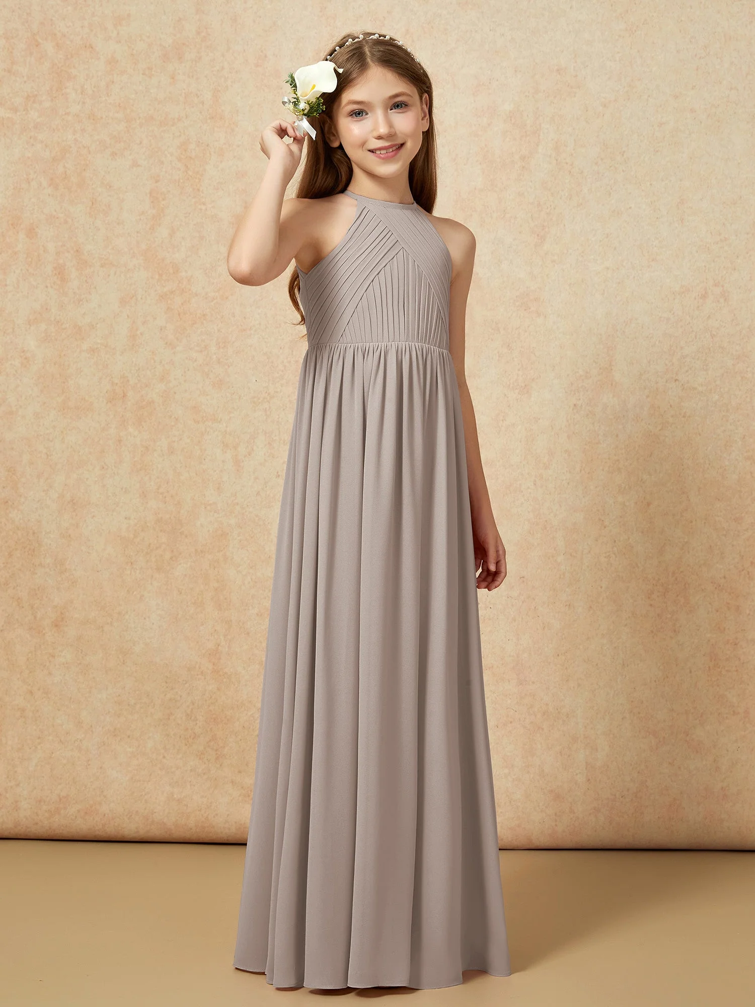 Halshalter Plissee Lang Chiffon Junge Brautjungfernkleider Taupe - Image 4