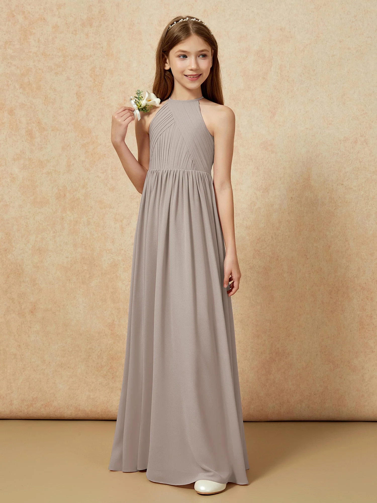 Halshalter Plissee Lang Chiffon Junge Brautjungfernkleider Taupe - Image 5