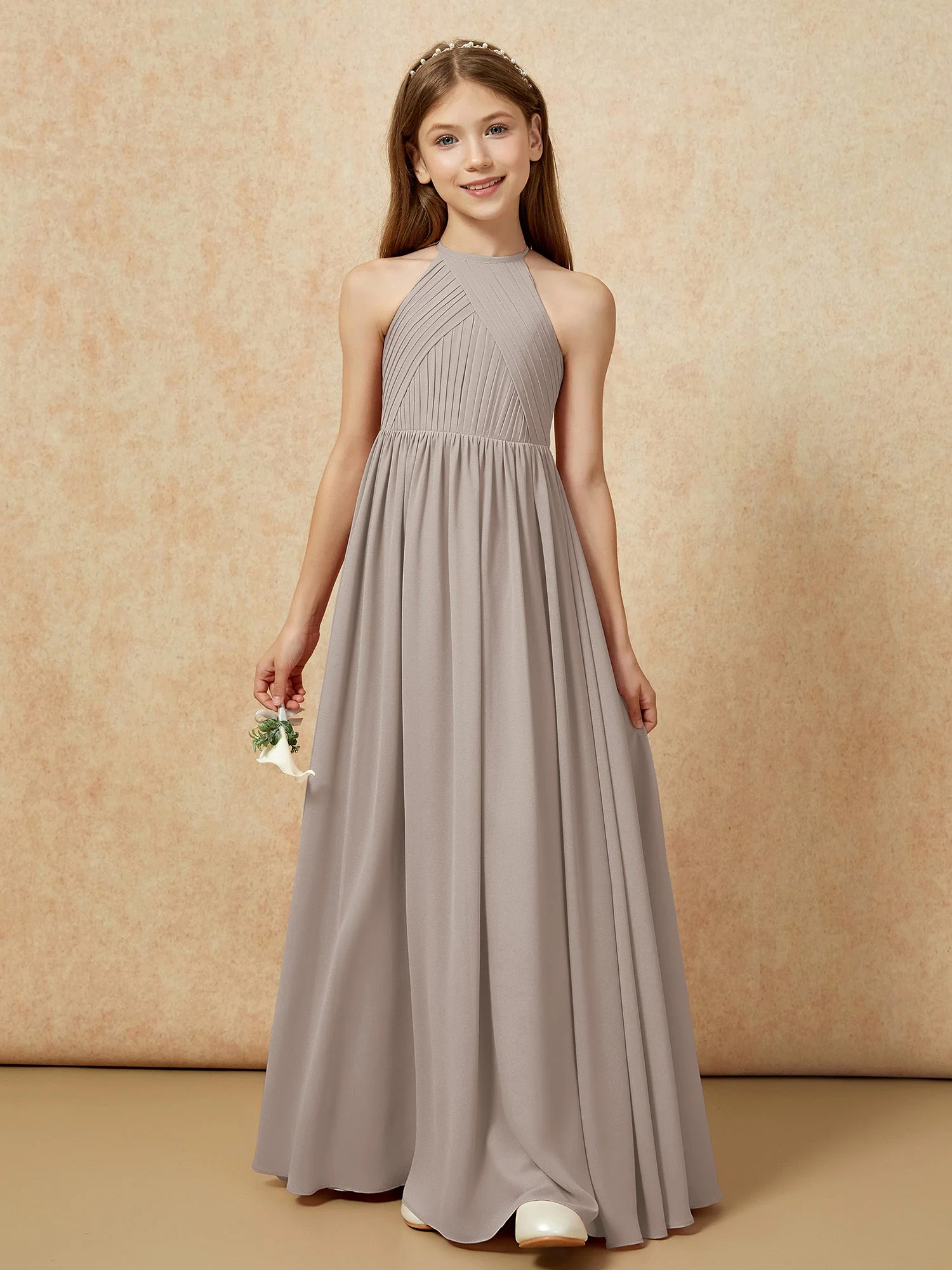 Halshalter Plissee Lang Chiffon Junge Brautjungfernkleider Taupe - Image 6