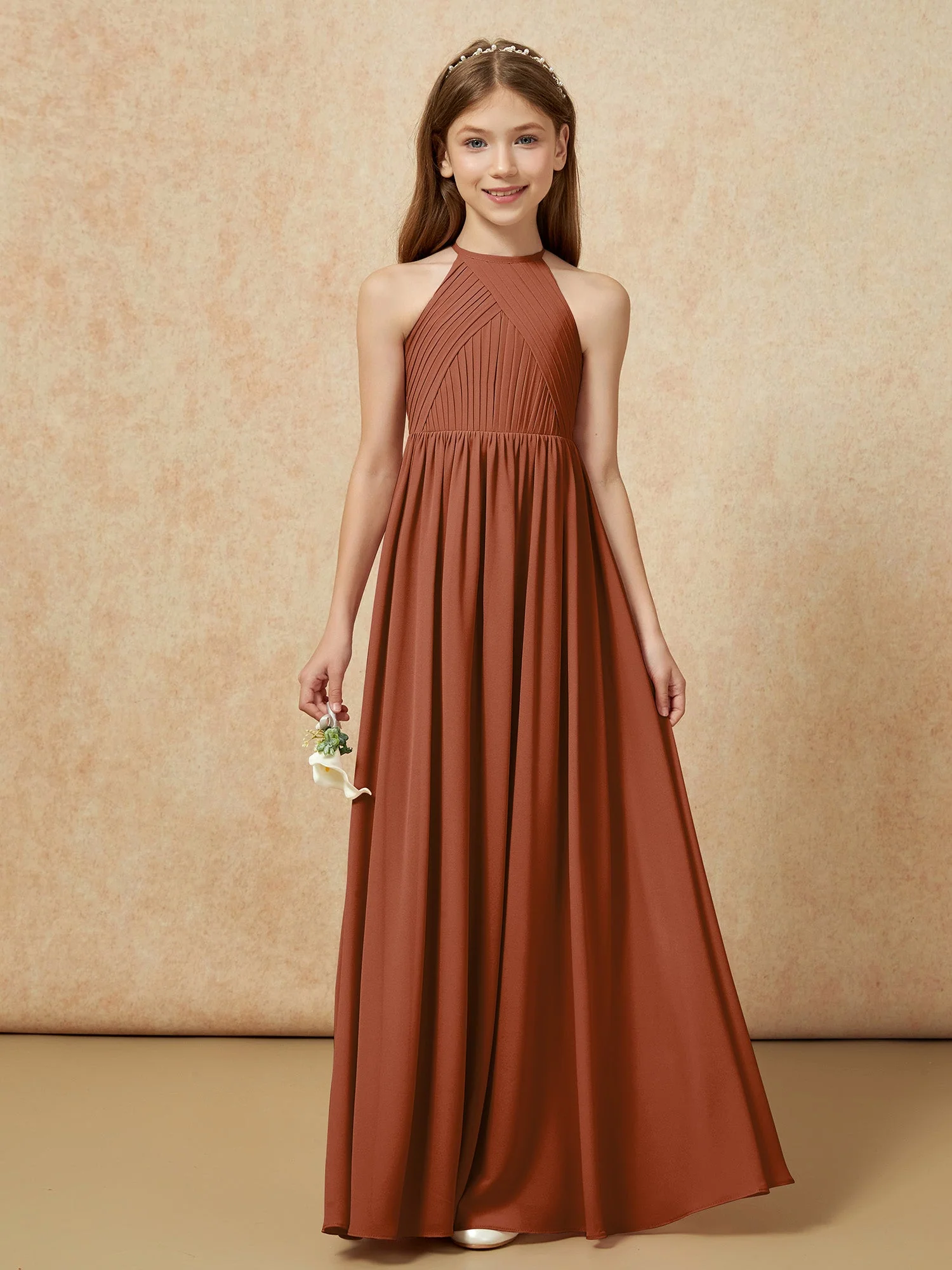 Halshalter Plissee Lang Chiffon Junge Brautjungfernkleider Terrakotta