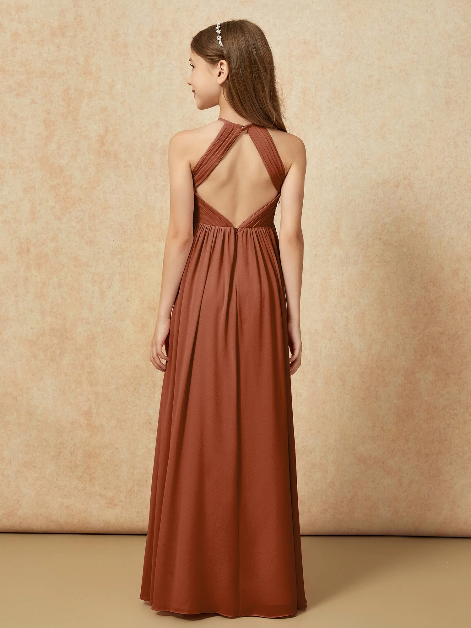 Halshalter Plissee Lang Chiffon Junge Brautjungfernkleider Terrakotta - Image 2