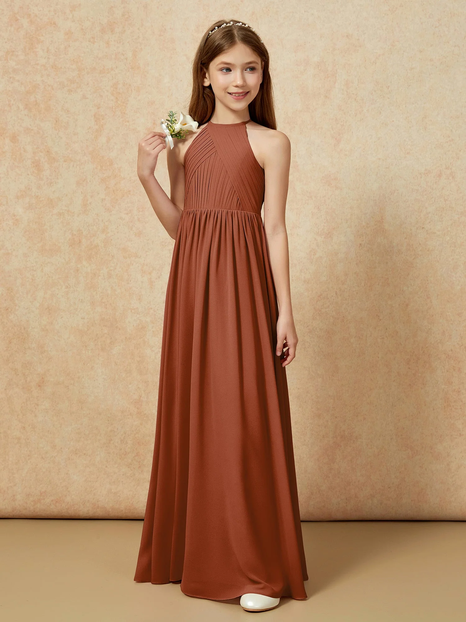 Halshalter Plissee Lang Chiffon Junge Brautjungfernkleider Terrakotta - Image 5