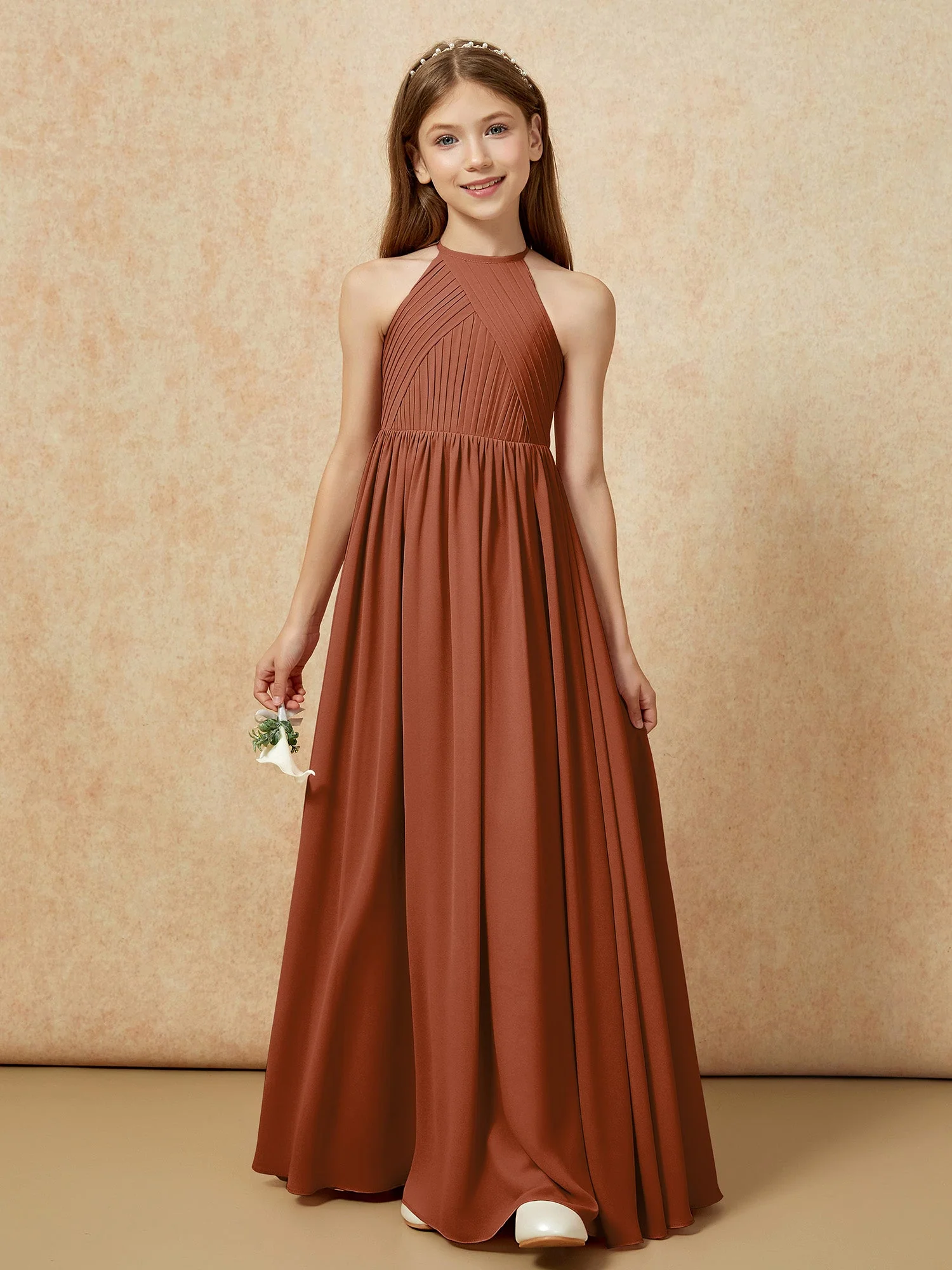 Halshalter Plissee Lang Chiffon Junge Brautjungfernkleider Terrakotta - Image 6