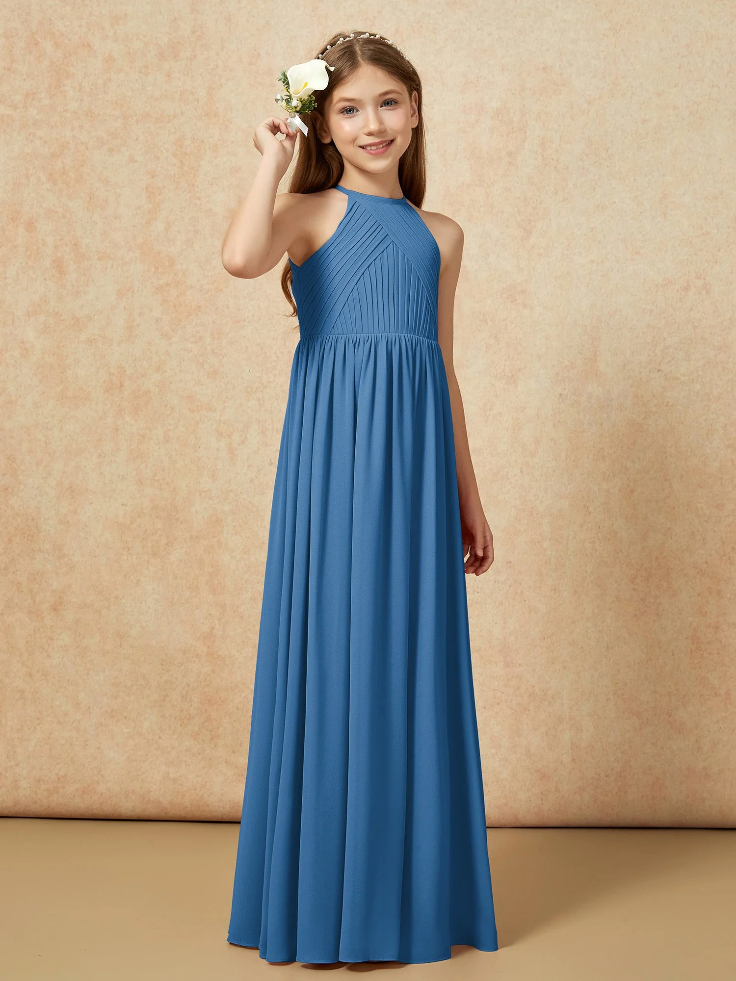 Halshalter Plissee Lang Chiffon Junge Brautjungfernkleider Tinte Blau - Image 4