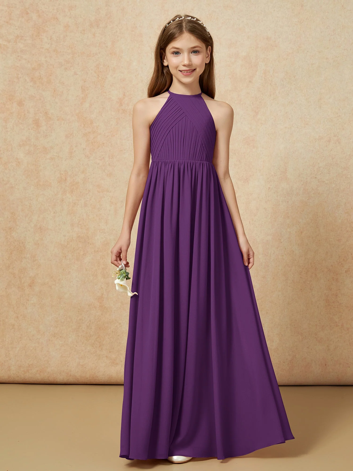 Halshalter Plissee Lang Chiffon Junge Brautjungfernkleider Traube