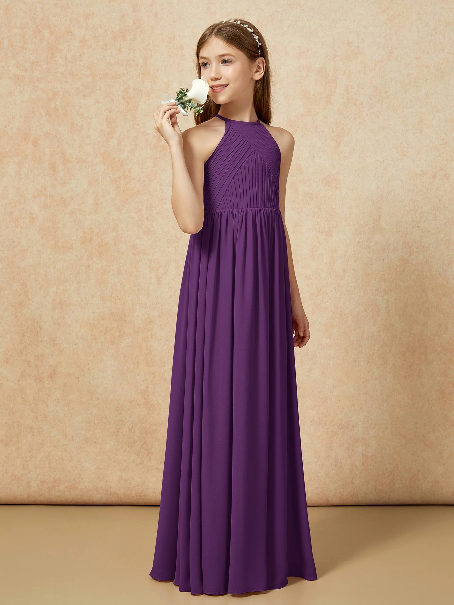 Halshalter Plissee Lang Chiffon Junge Brautjungfernkleider Traube - Image 3