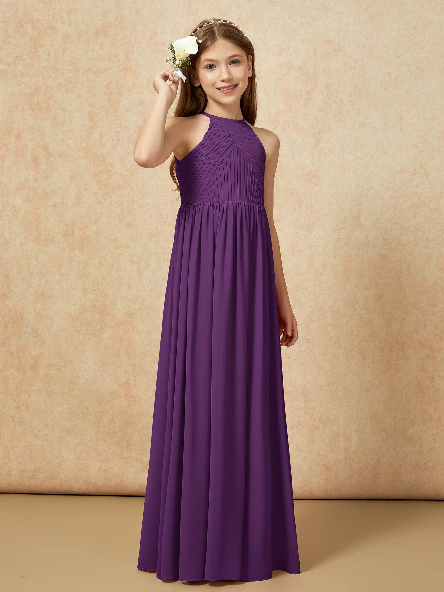 Halshalter Plissee Lang Chiffon Junge Brautjungfernkleider Traube - Image 4