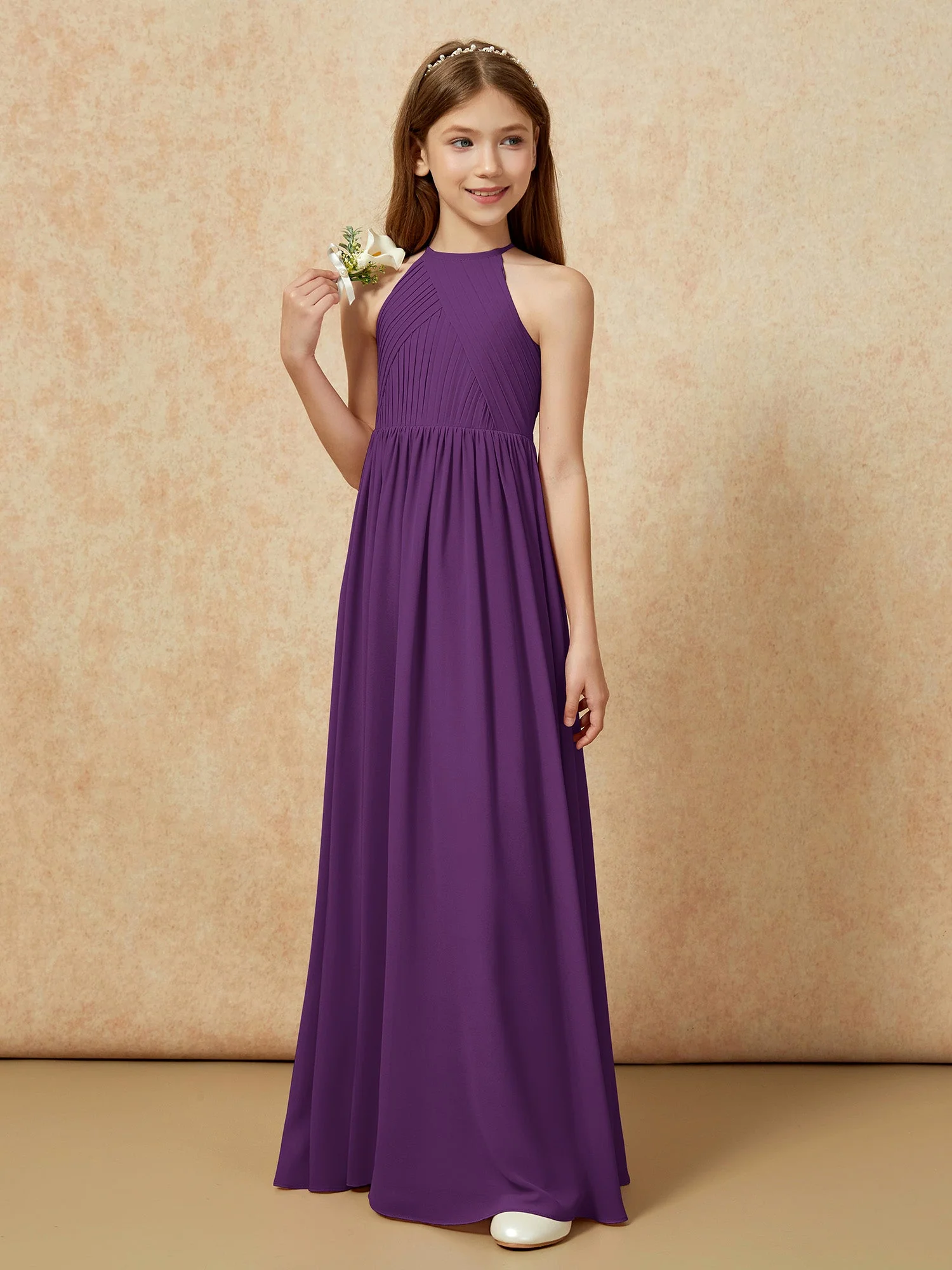 Halshalter Plissee Lang Chiffon Junge Brautjungfernkleider Traube - Image 5
