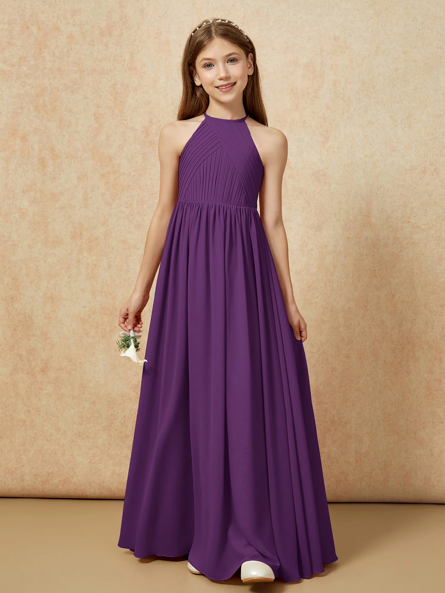 Halshalter Plissee Lang Chiffon Junge Brautjungfernkleider Traube - Image 6