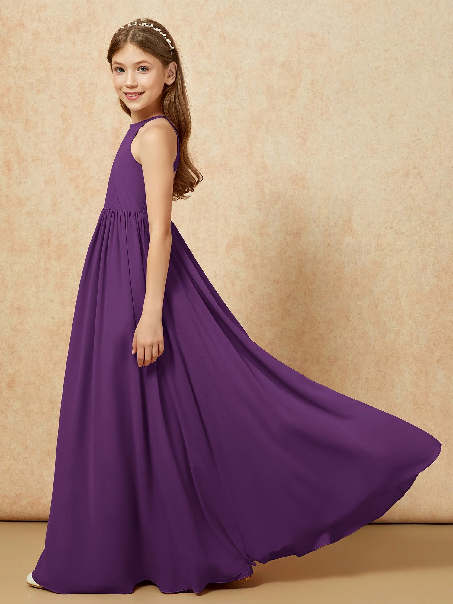 Halshalter Plissee Lang Chiffon Junge Brautjungfernkleider Traube - Image 7