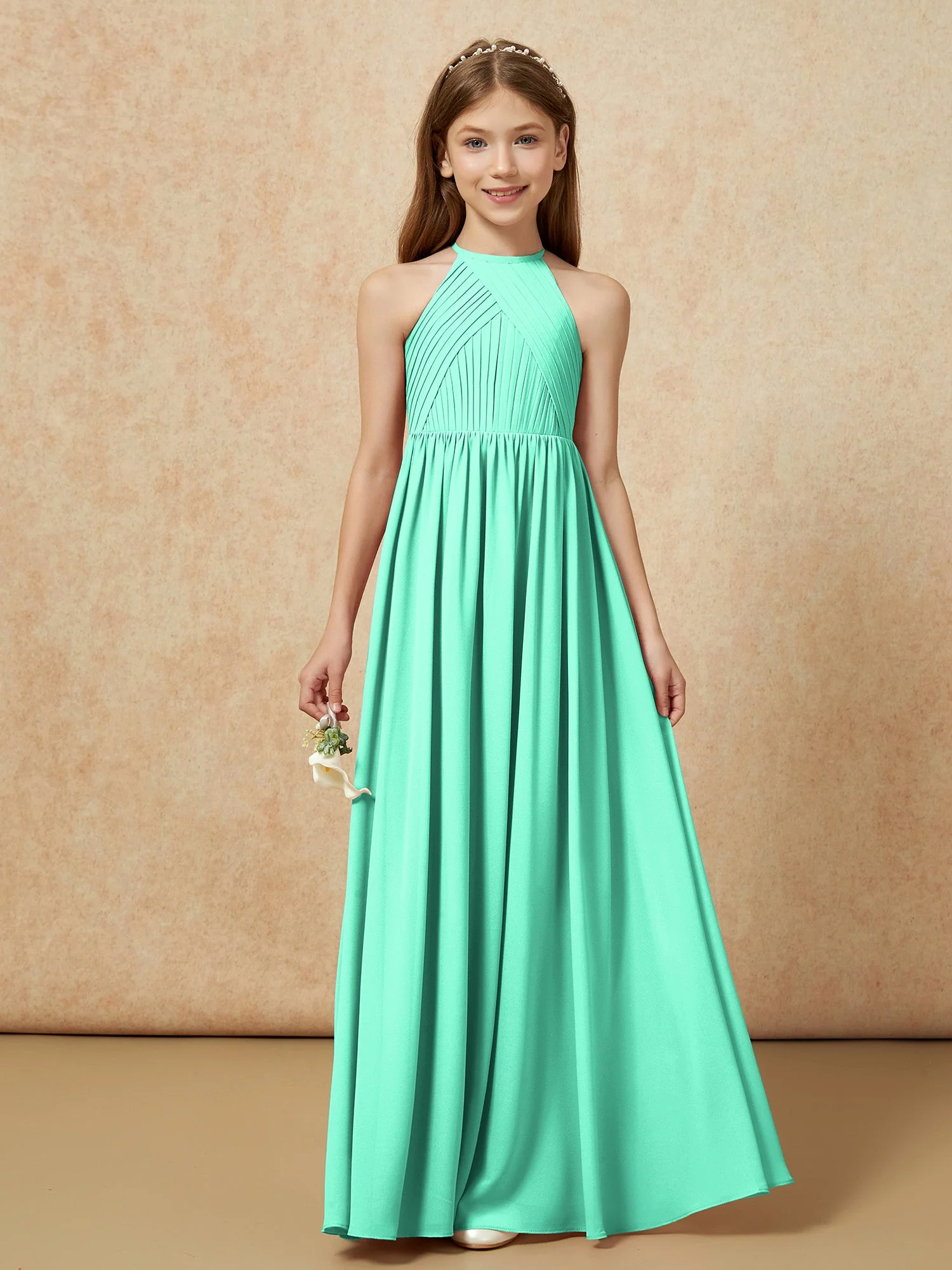 Halshalter Plissee Lang Chiffon Junge Brautjungfernkleider Türkis