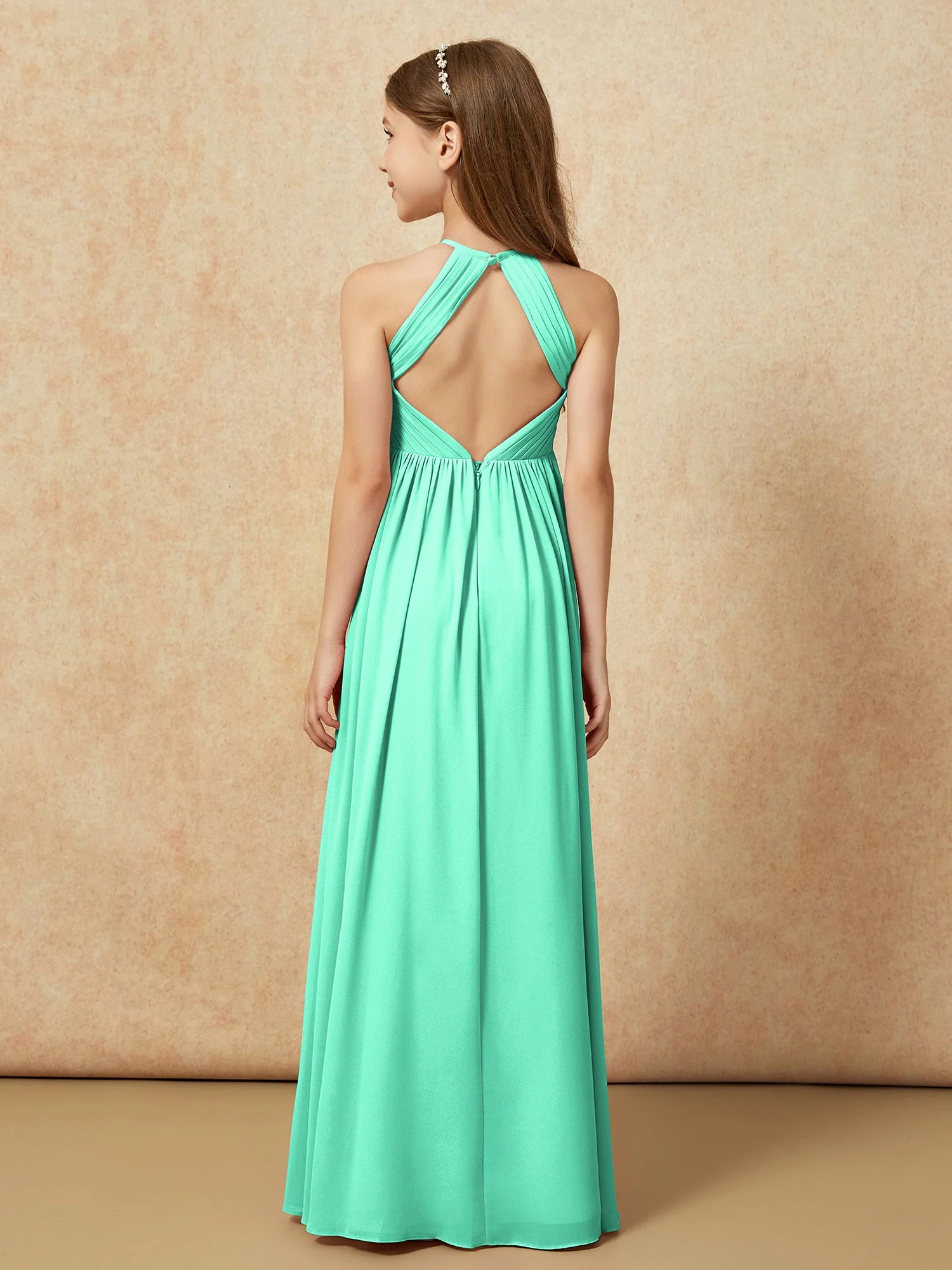 Halshalter Plissee Lang Chiffon Junge Brautjungfernkleider Türkis - Image 2