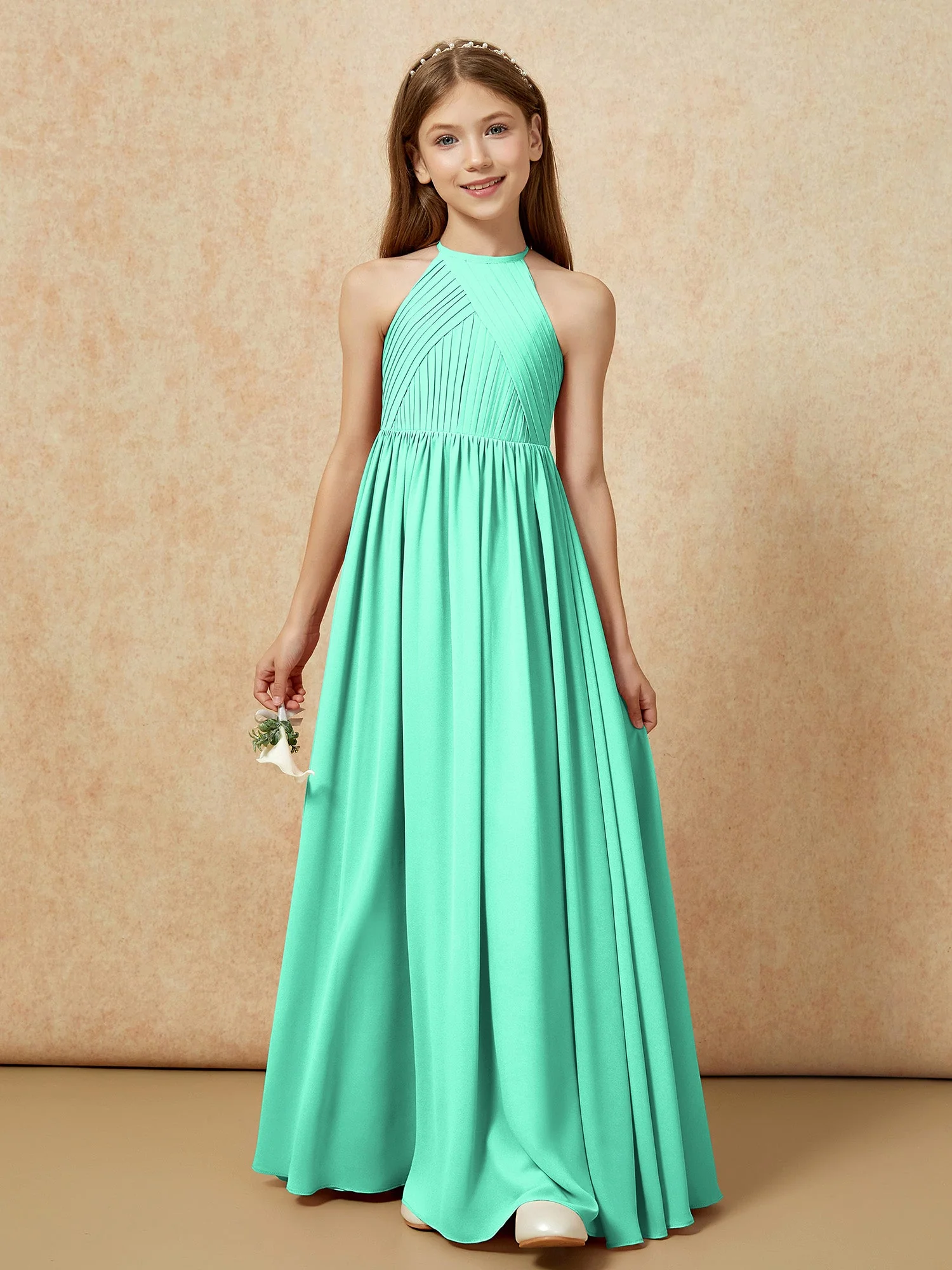 Halshalter Plissee Lang Chiffon Junge Brautjungfernkleider Türkis - Image 6