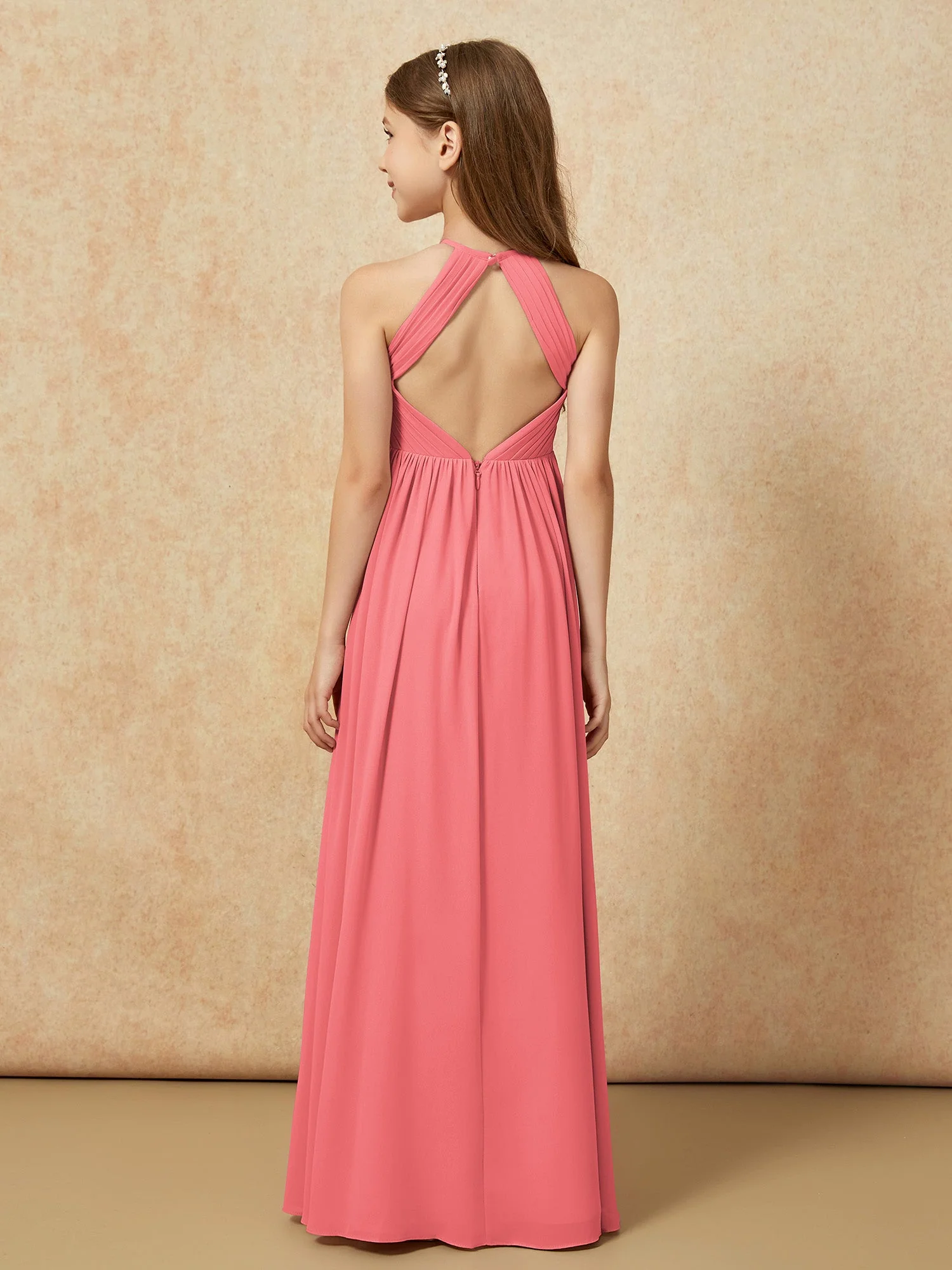 Halshalter Plissee Lang Chiffon Junge Brautjungfernkleider Wassermelone - Image 2
