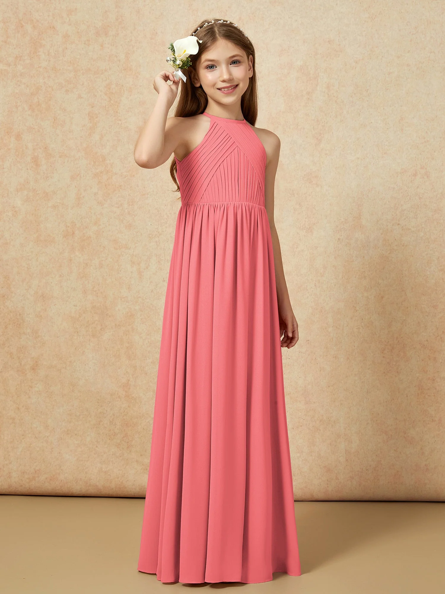 Halshalter Plissee Lang Chiffon Junge Brautjungfernkleider Wassermelone - Image 4