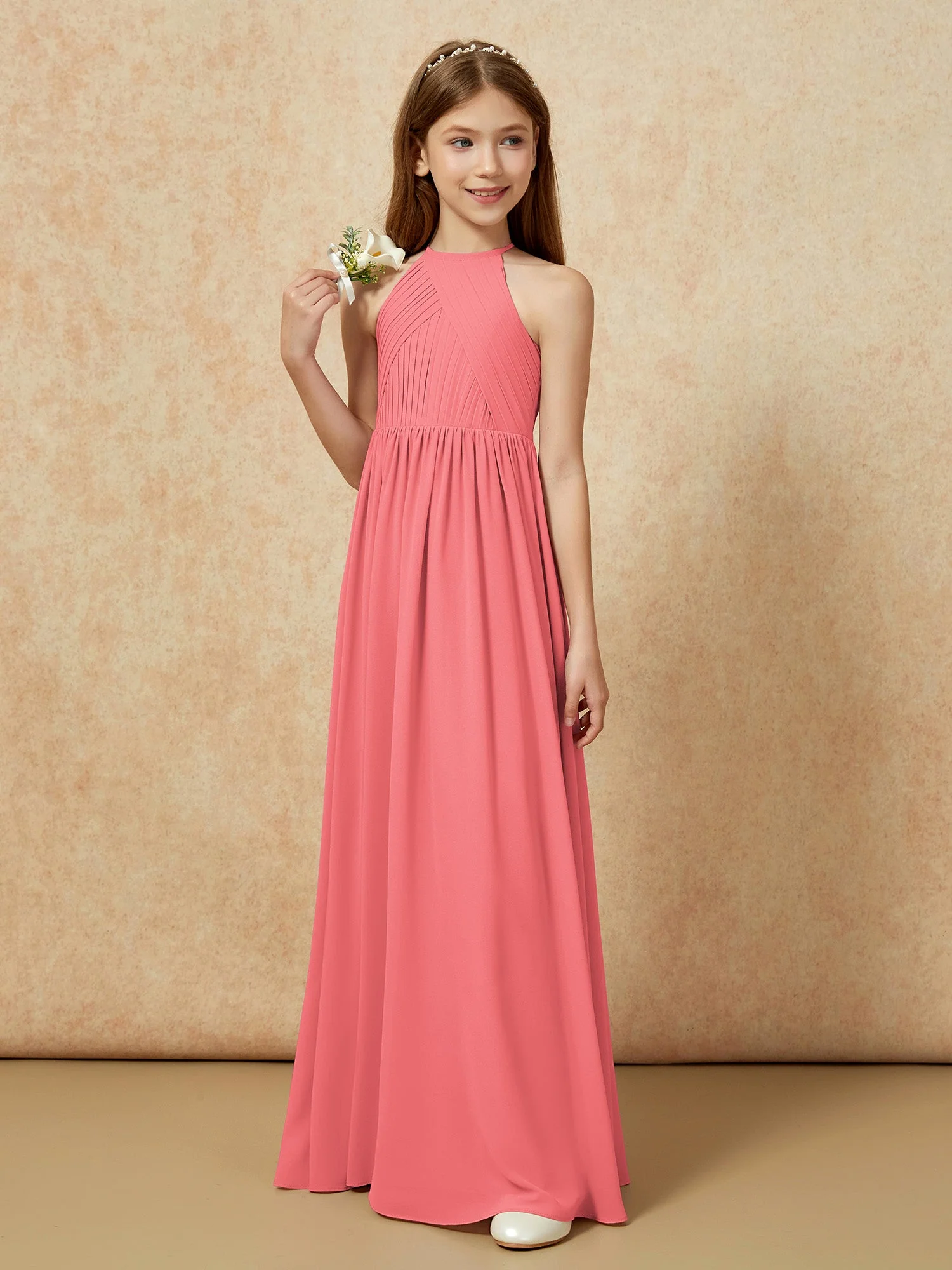 Halshalter Plissee Lang Chiffon Junge Brautjungfernkleider Wassermelone - Image 5