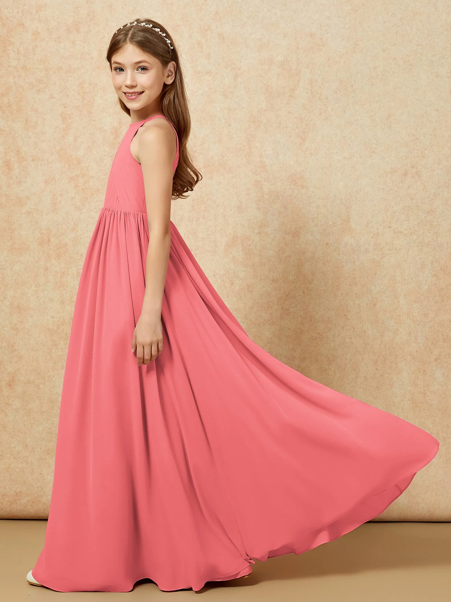 Halshalter Plissee Lang Chiffon Junge Brautjungfernkleider Wassermelone - Image 7