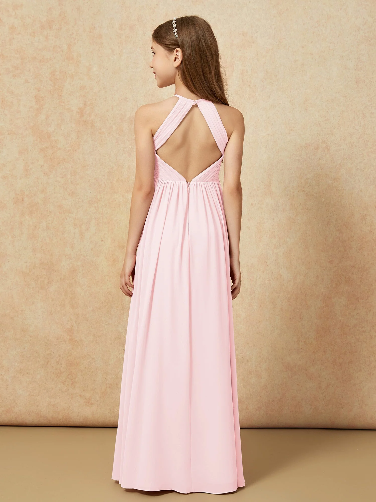 Halshalter Plissee Lang Chiffon Junge Brautjungfernkleider Zartrosa - Image 2