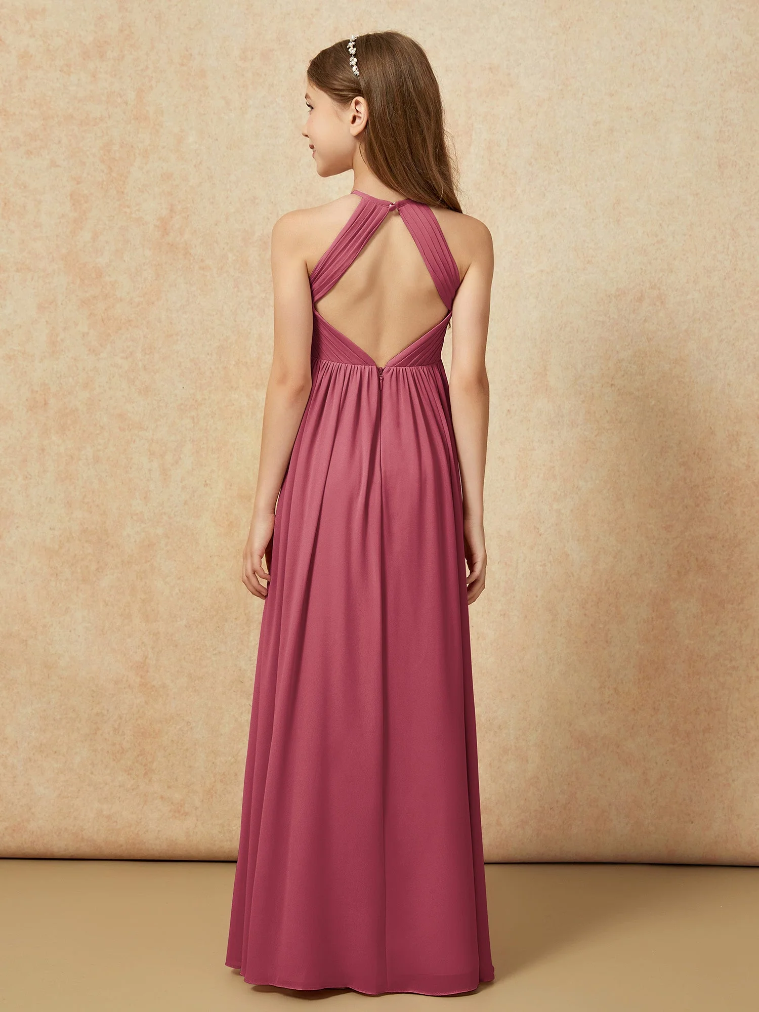 Halshalter Plissee Lang Chiffon Junge Brautjungfernkleider Zimtrose - Image 2