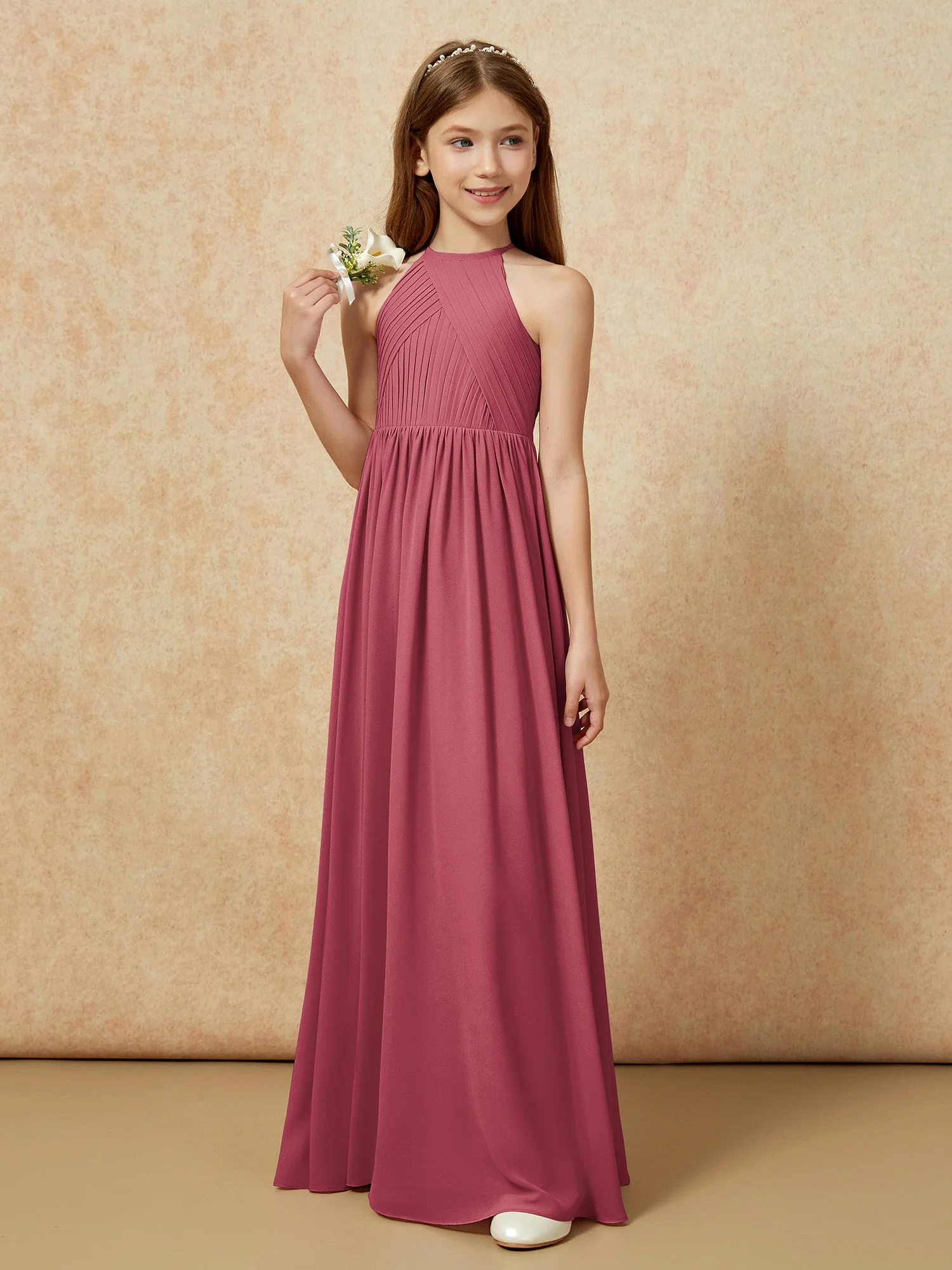 Halshalter Plissee Lang Chiffon Junge Brautjungfernkleider Zimtrose - Image 5