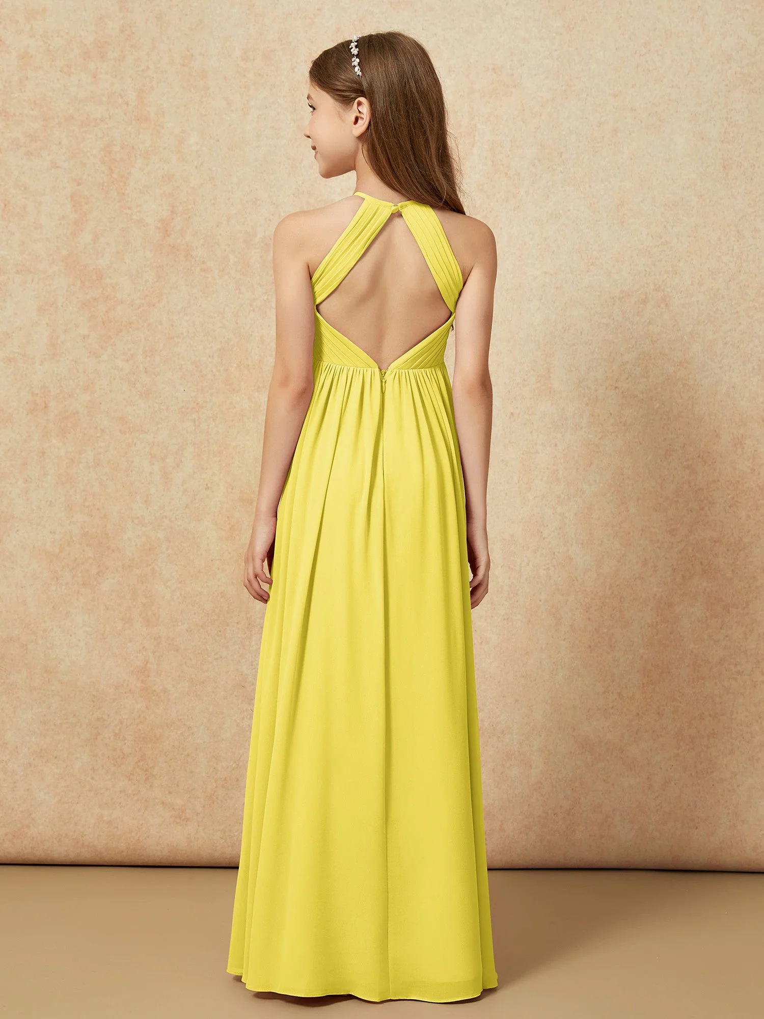 Halshalter Plissee Lang Chiffon Junge Brautjungfernkleider Zitrone - Image 2