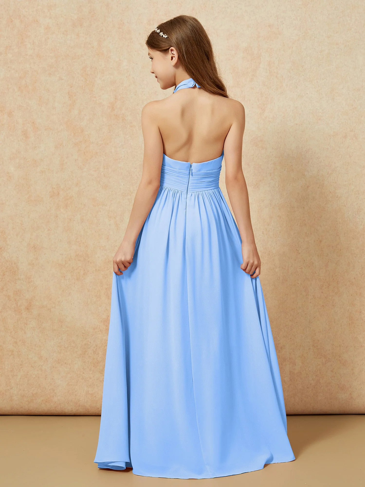 Halshalter Rückenfrei Lang Chiffon Junge Brautjungfernkleider Blau - Image 2
