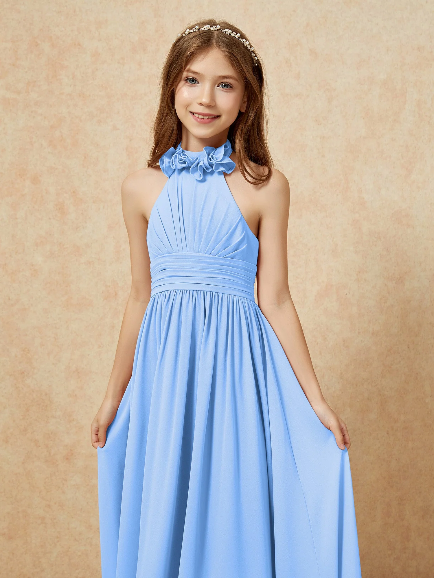 Halshalter Rückenfrei Lang Chiffon Junge Brautjungfernkleider Blau - Image 6