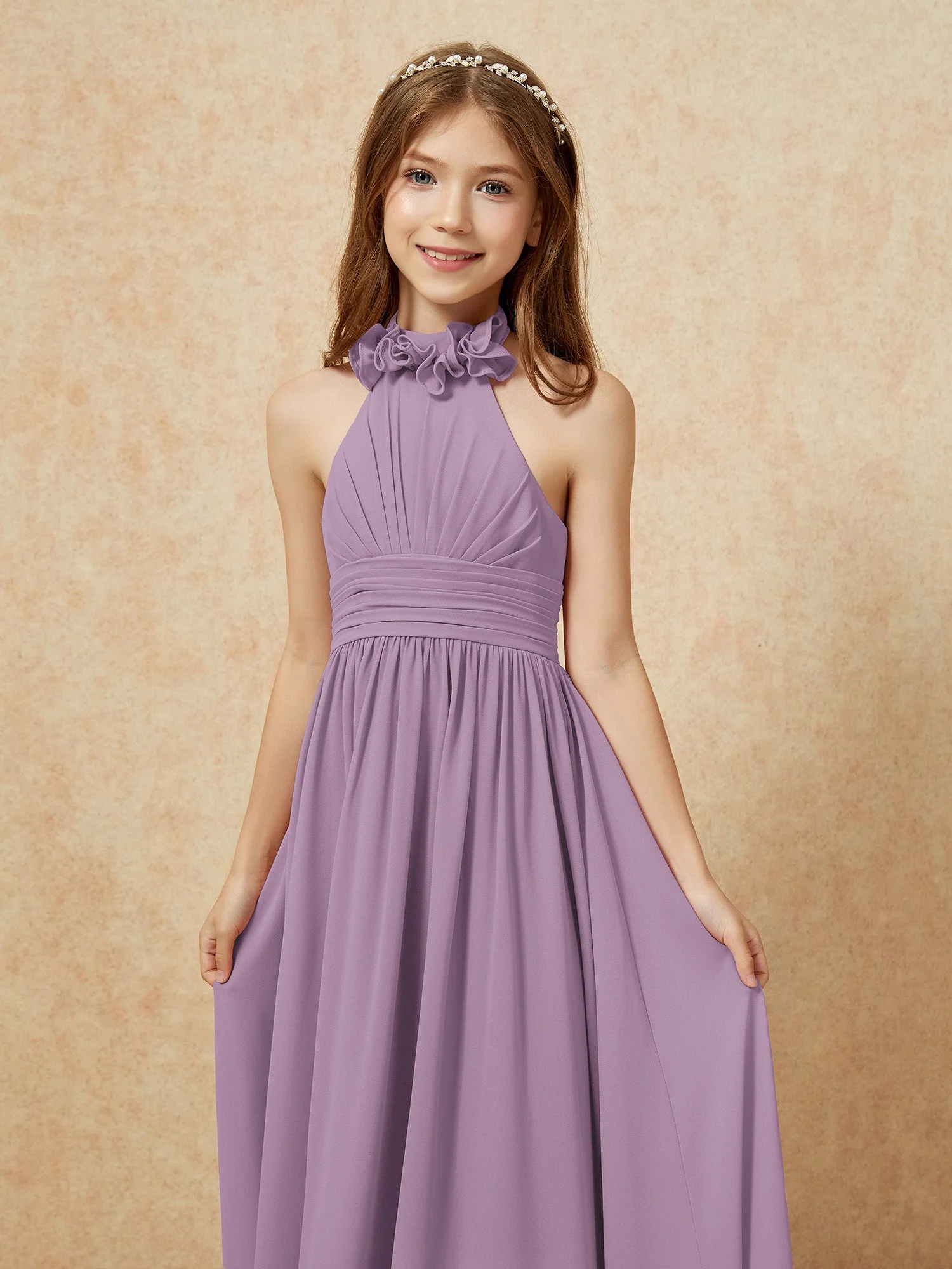 Halshalter Rückenfrei Lang Chiffon Junge Brautjungfernkleider Blauregen - Image 6