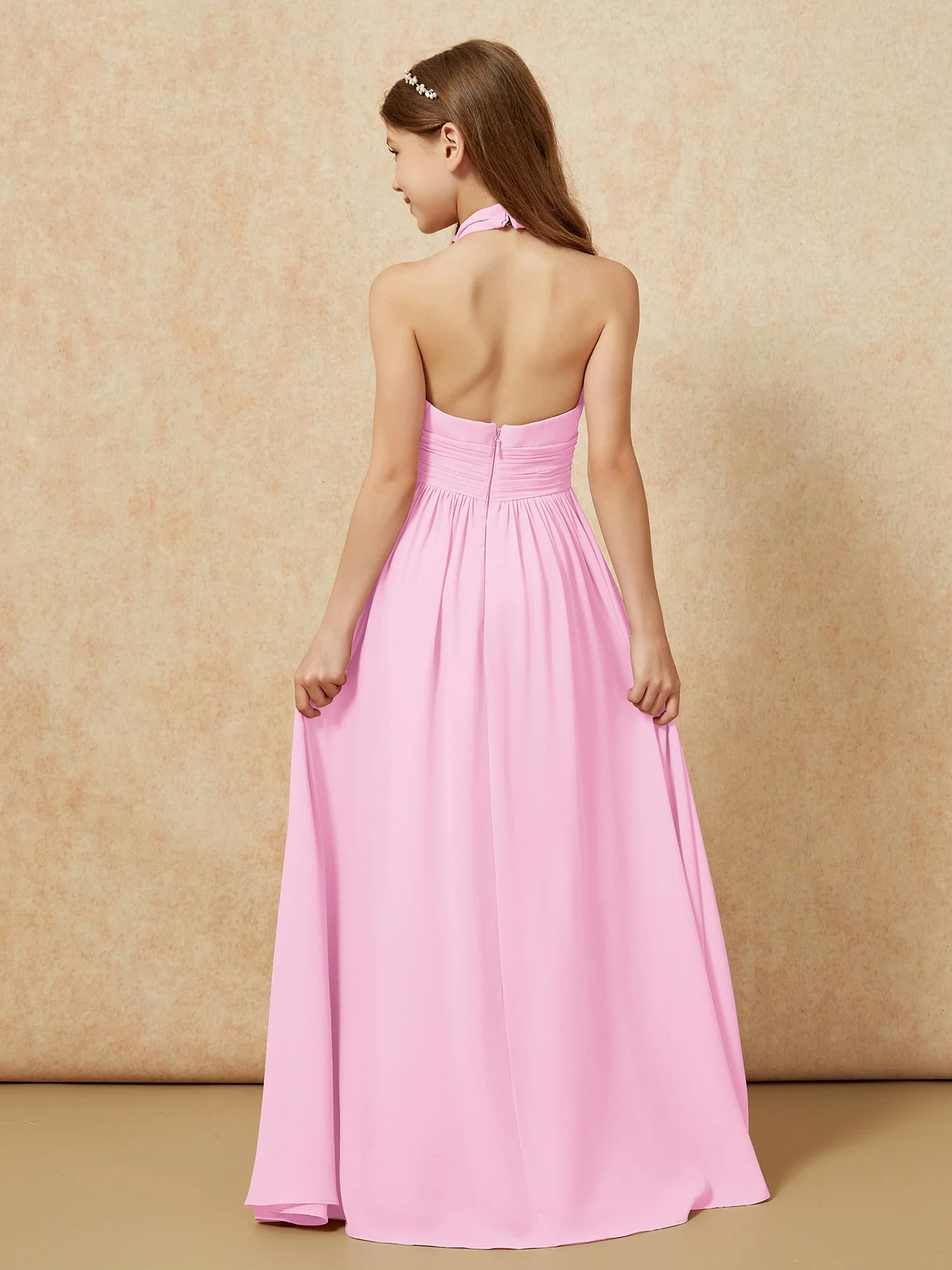 Halshalter Rückenfrei Lang Chiffon Junge Brautjungfernkleider Bonbonrosa - Image 2