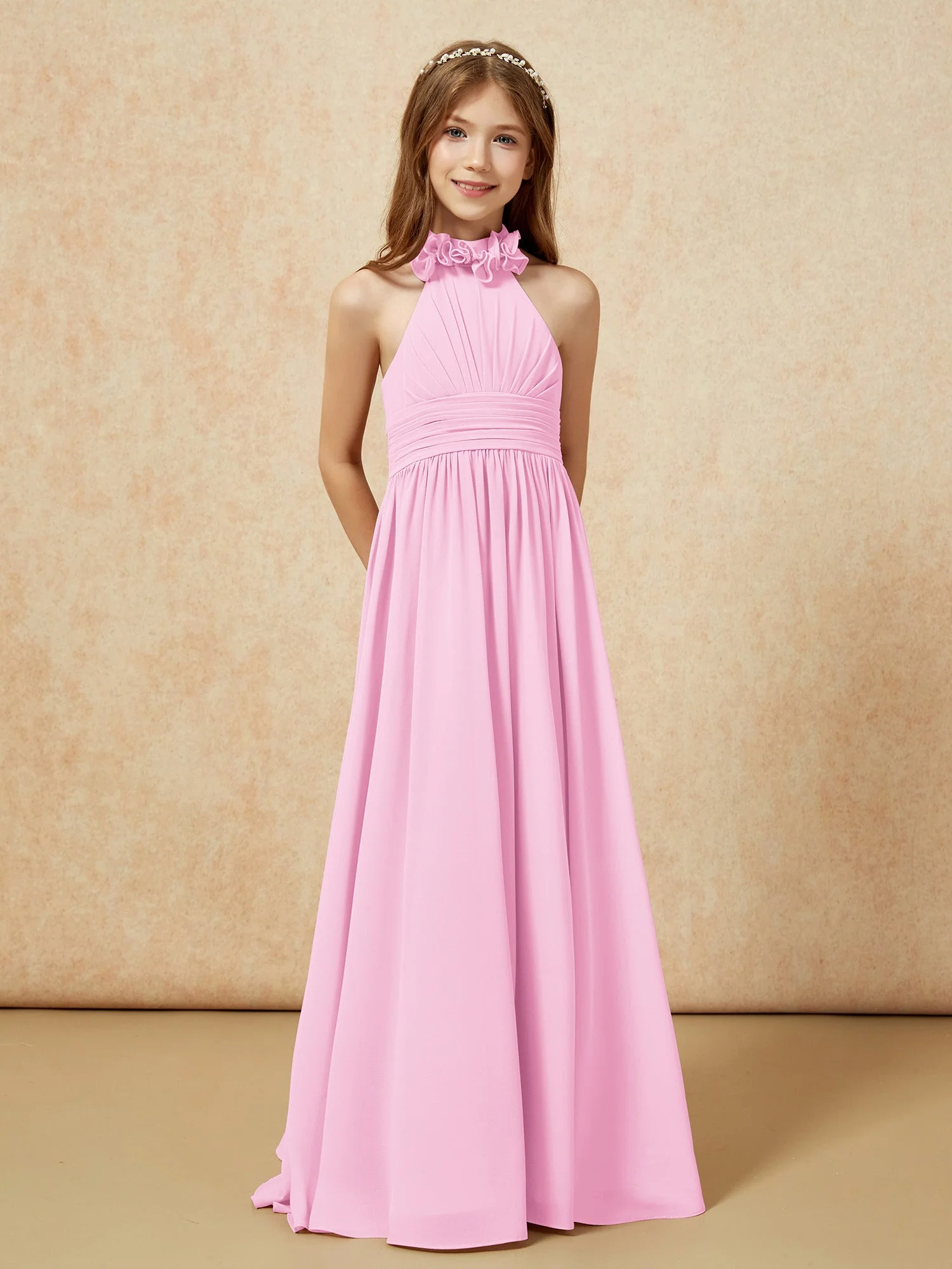 Halshalter Rückenfrei Lang Chiffon Junge Brautjungfernkleider Bonbonrosa - Image 5
