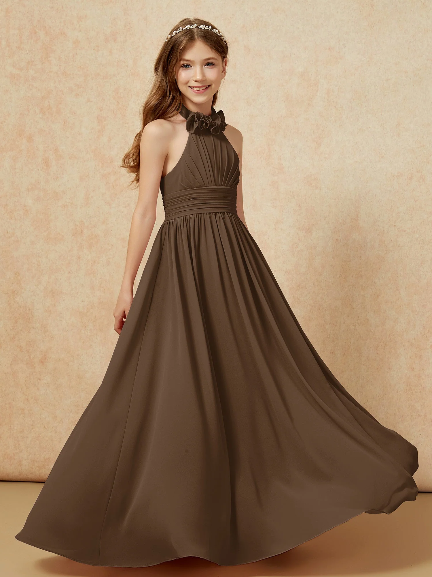Halshalter Rückenfrei Lang Chiffon Junge Brautjungfernkleider Braun
