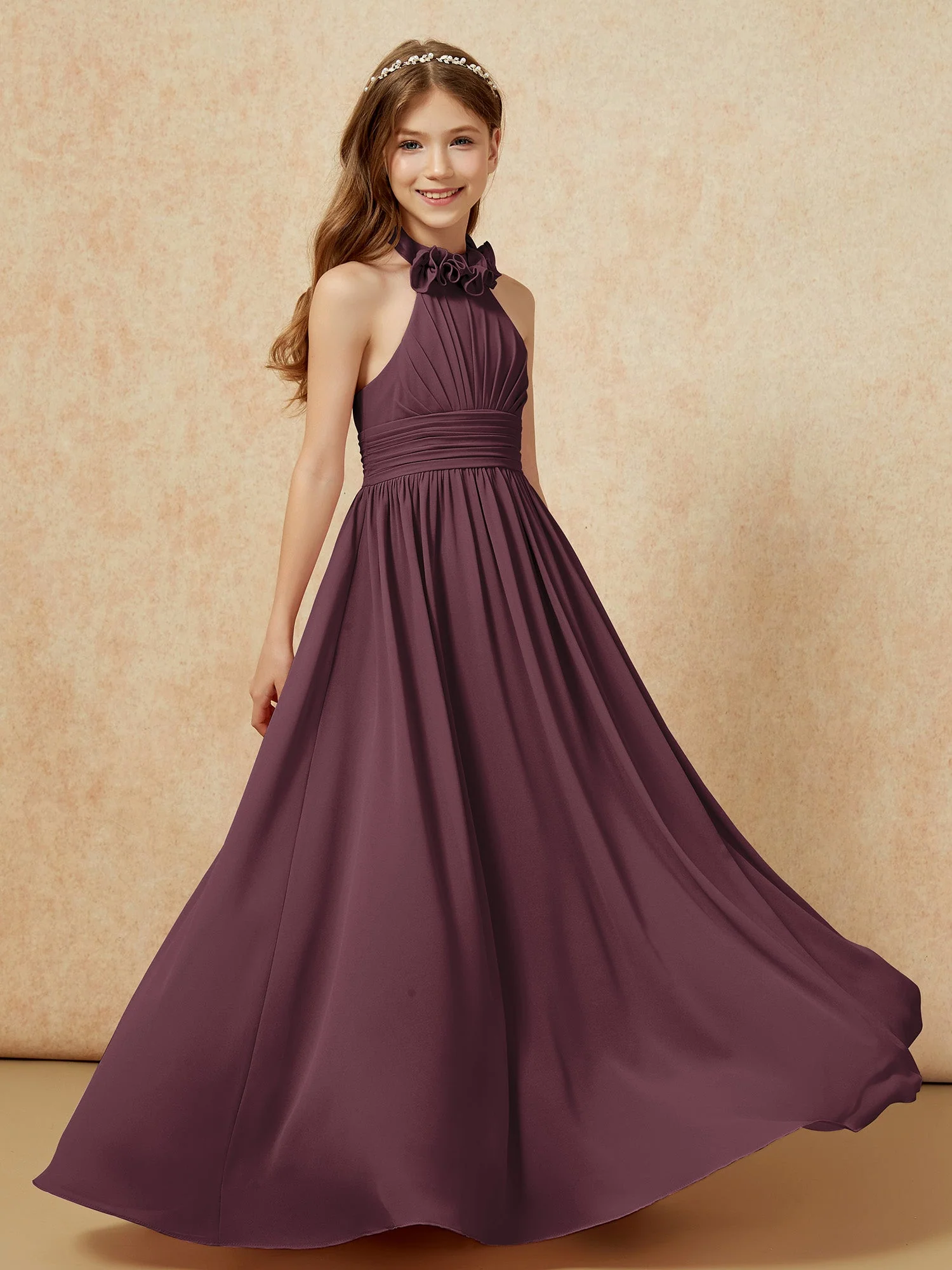 Halshalter Rückenfrei Lang Chiffon Junge Brautjungfernkleider Cabernet