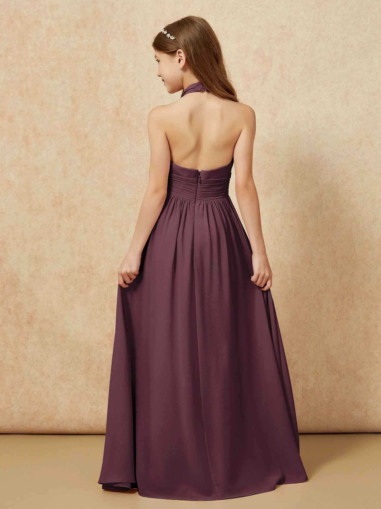 Halshalter Rückenfrei Lang Chiffon Junge Brautjungfernkleider Cabernet - Image 2