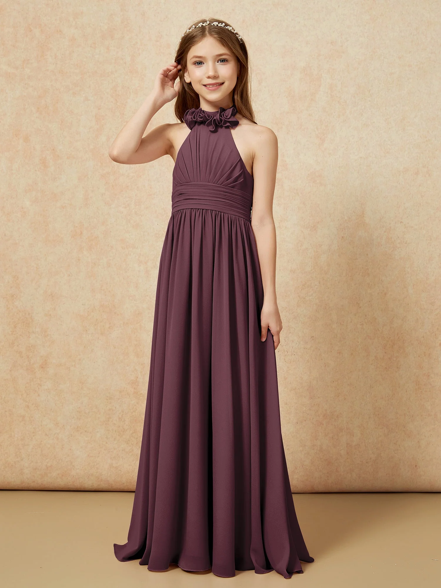 Halshalter Rückenfrei Lang Chiffon Junge Brautjungfernkleider Cabernet - Image 3