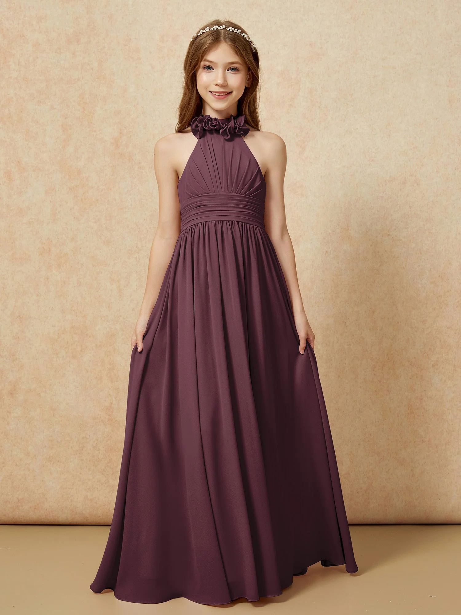 Halshalter Rückenfrei Lang Chiffon Junge Brautjungfernkleider Cabernet - Image 4