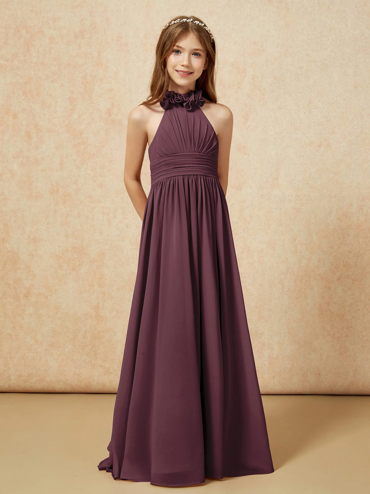 Halshalter Rückenfrei Lang Chiffon Junge Brautjungfernkleider Cabernet - Image 5