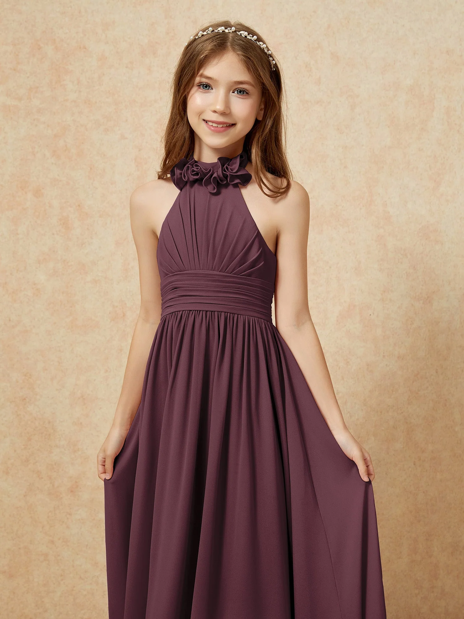 Halshalter Rückenfrei Lang Chiffon Junge Brautjungfernkleider Cabernet - Image 6