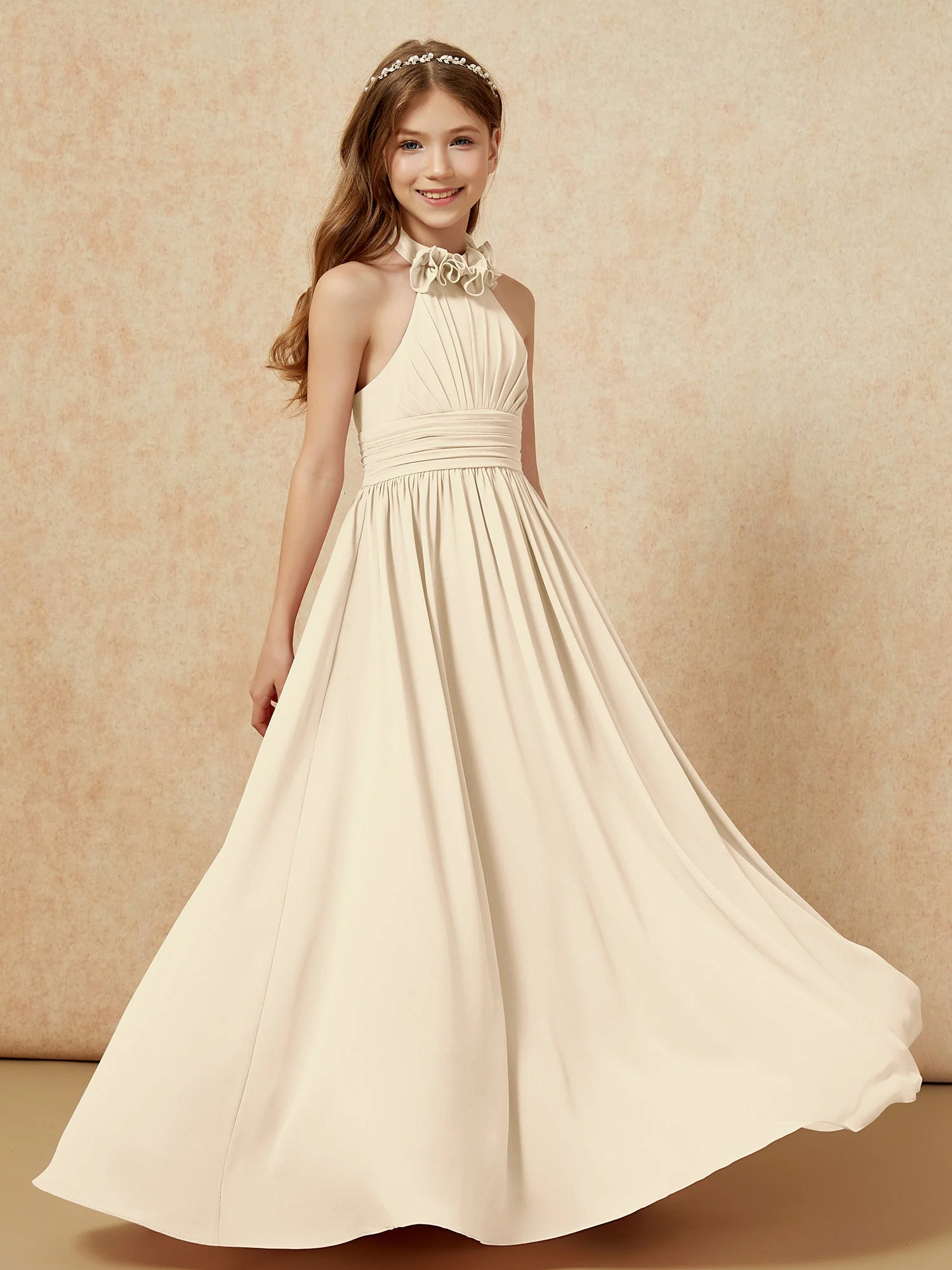 Halshalter Rückenfrei Lang Chiffon Junge Brautjungfernkleider Champagner