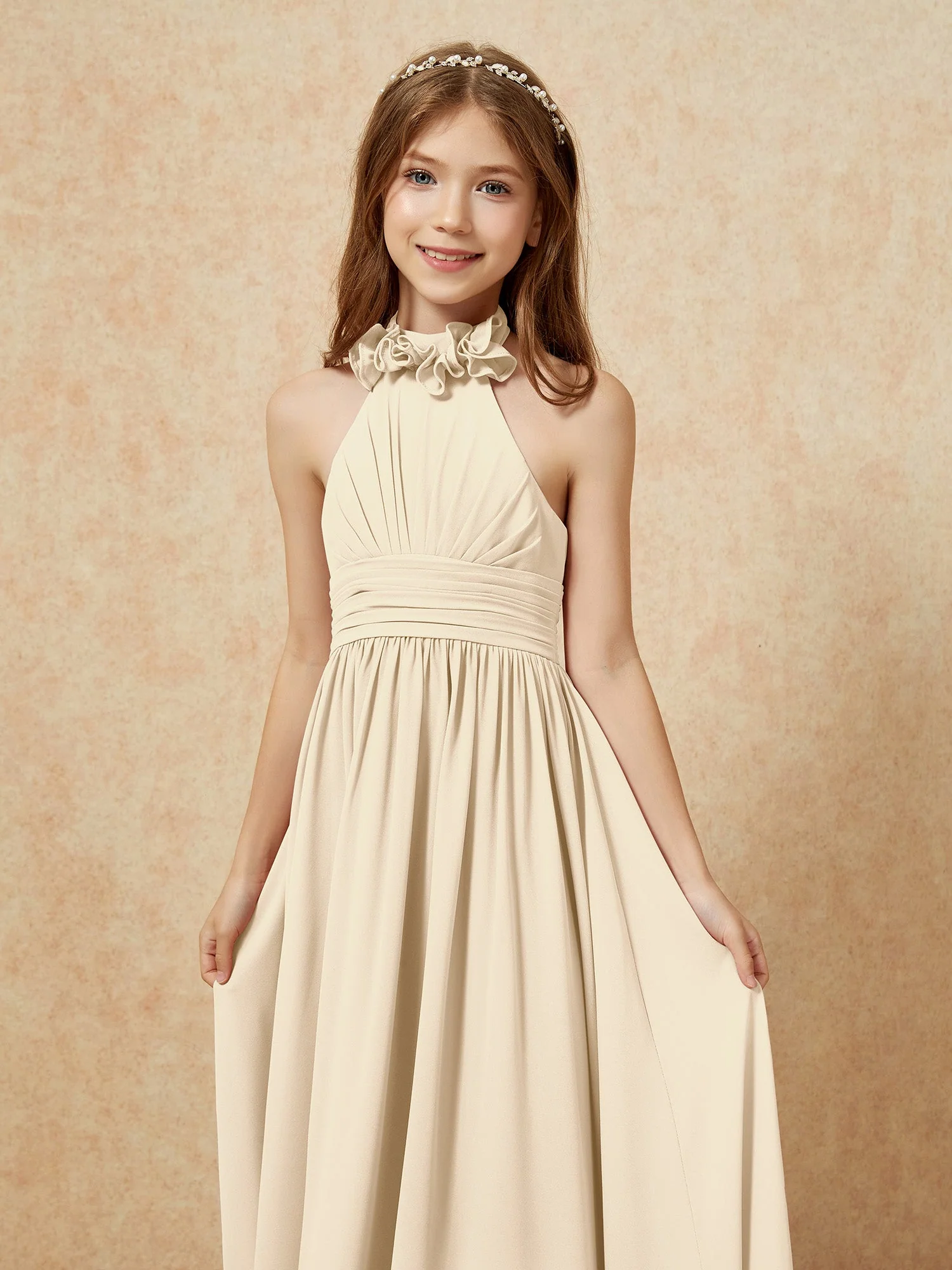 Halshalter Rückenfrei Lang Chiffon Junge Brautjungfernkleider Champagner - Image 6