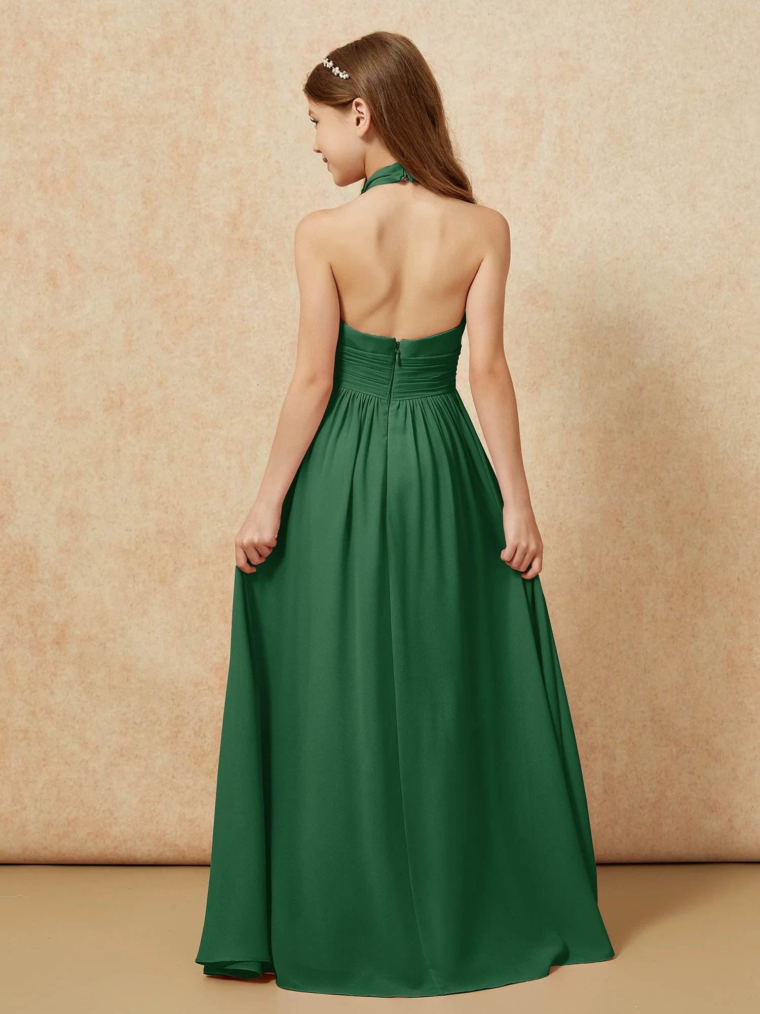 Halshalter Rückenfrei Lang Chiffon Junge Brautjungfernkleider Dunkelgrün - Image 2