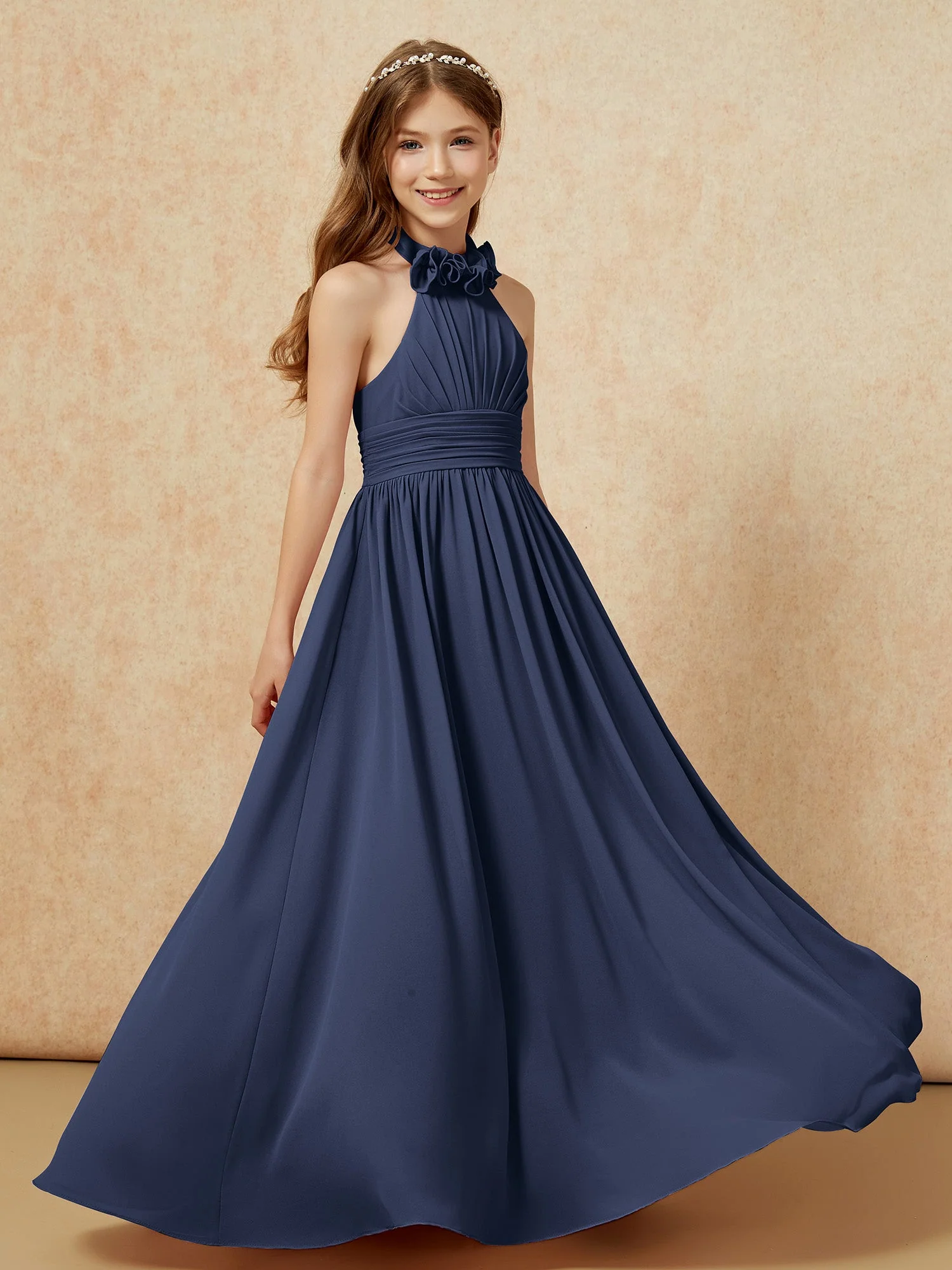 Halshalter Rückenfrei Lang Chiffon Junge Brautjungfernkleider Dunkelmarine