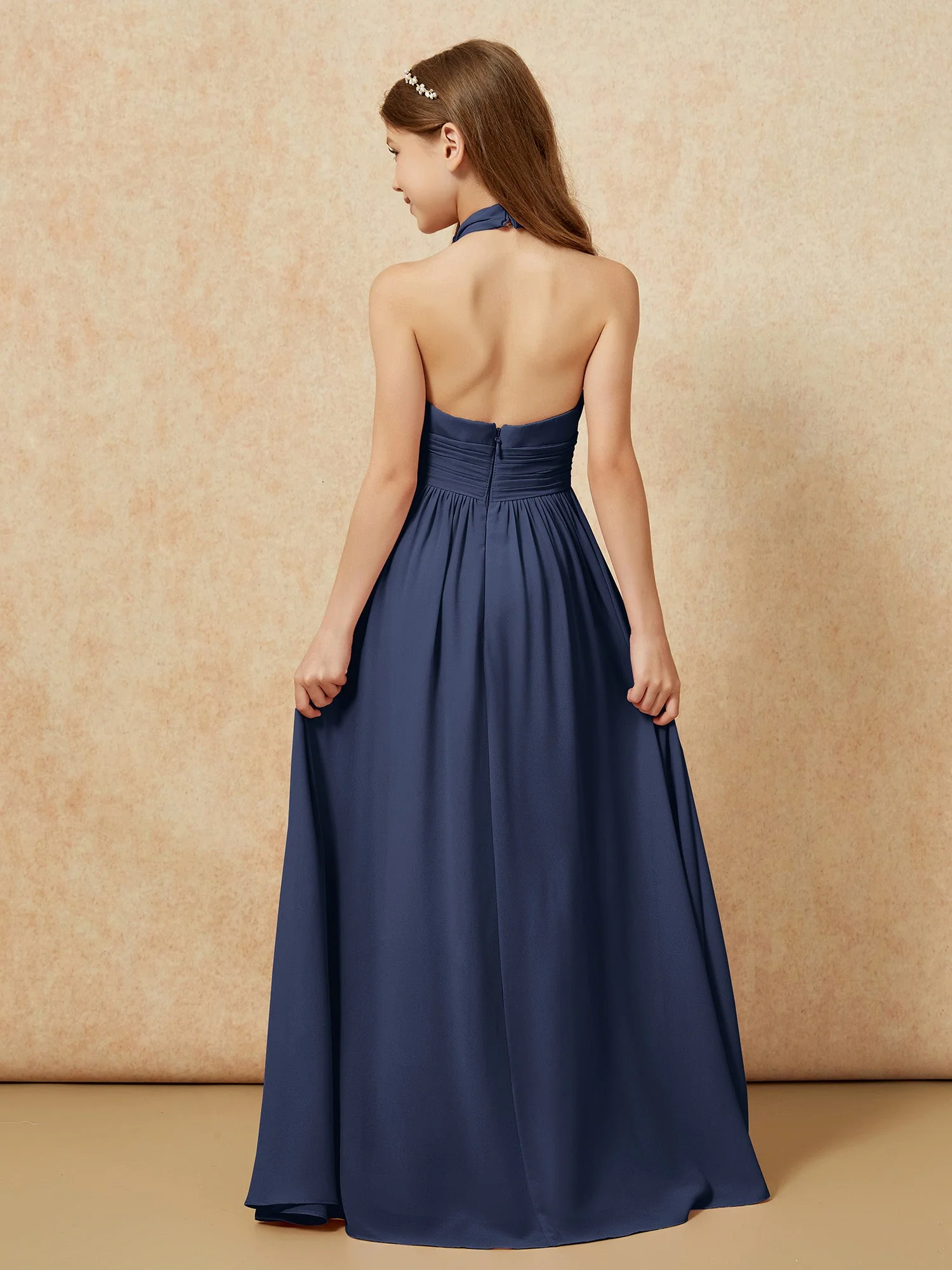 Halshalter Rückenfrei Lang Chiffon Junge Brautjungfernkleider Dunkelmarine - Image 2
