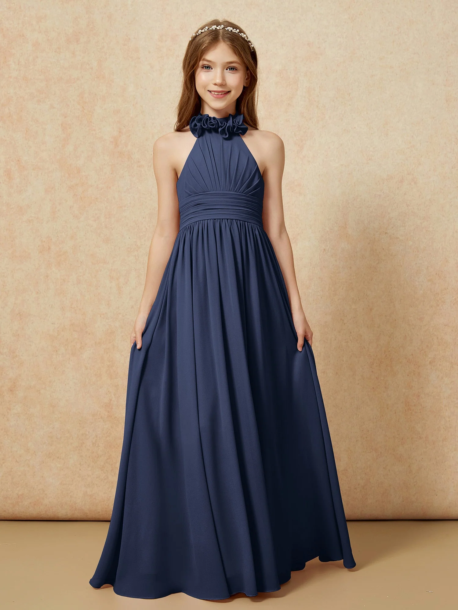 Halshalter Rückenfrei Lang Chiffon Junge Brautjungfernkleider Dunkelmarine - Image 4