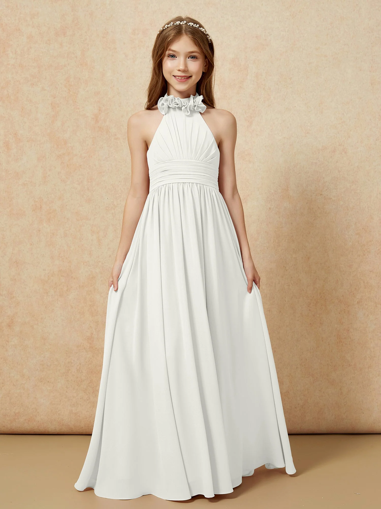 Halshalter Rückenfrei Lang Chiffon Junge Brautjungfernkleider Elfenbein - Image 4